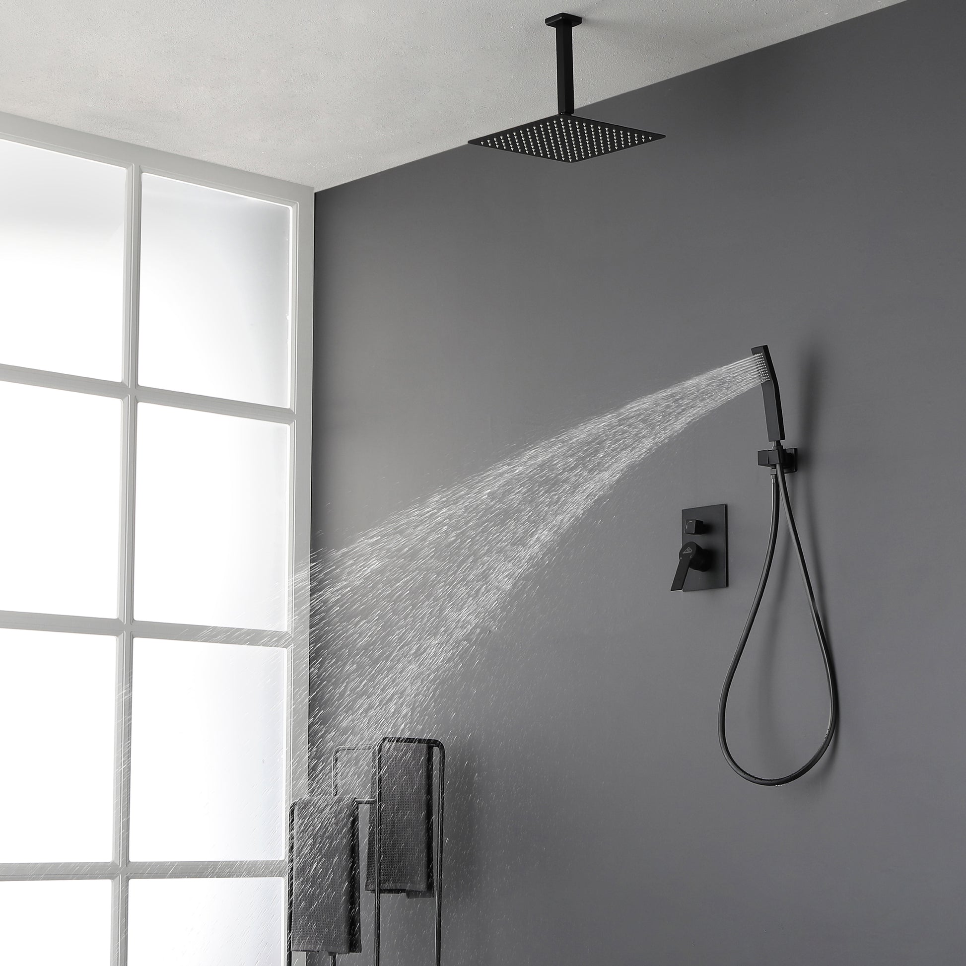 12" Ceiling Mount Dual Shower Heads with Valve Included in Matte Black