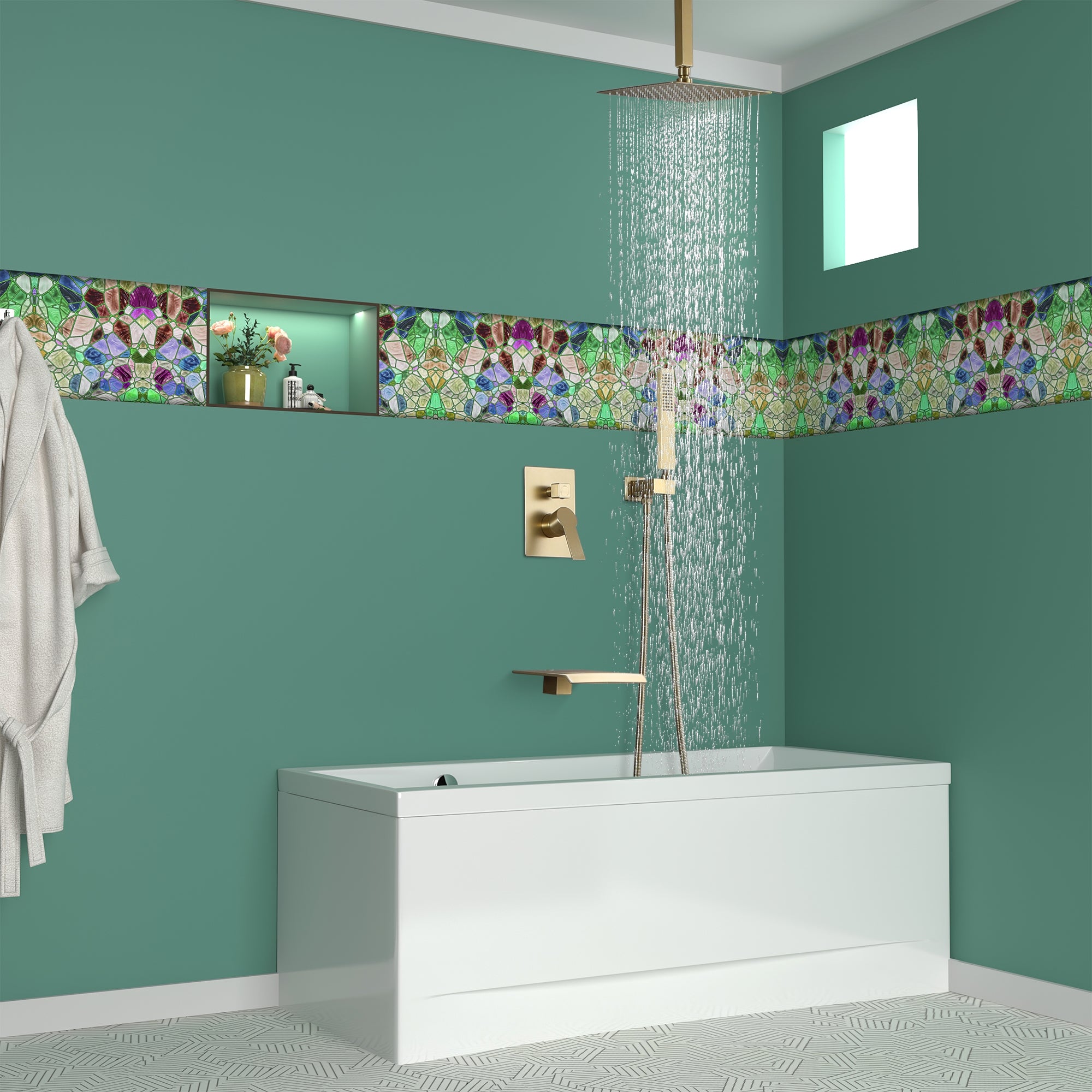 10" Ceiling-Mount Rain Shower System with Tub Spout in Brushed Gold