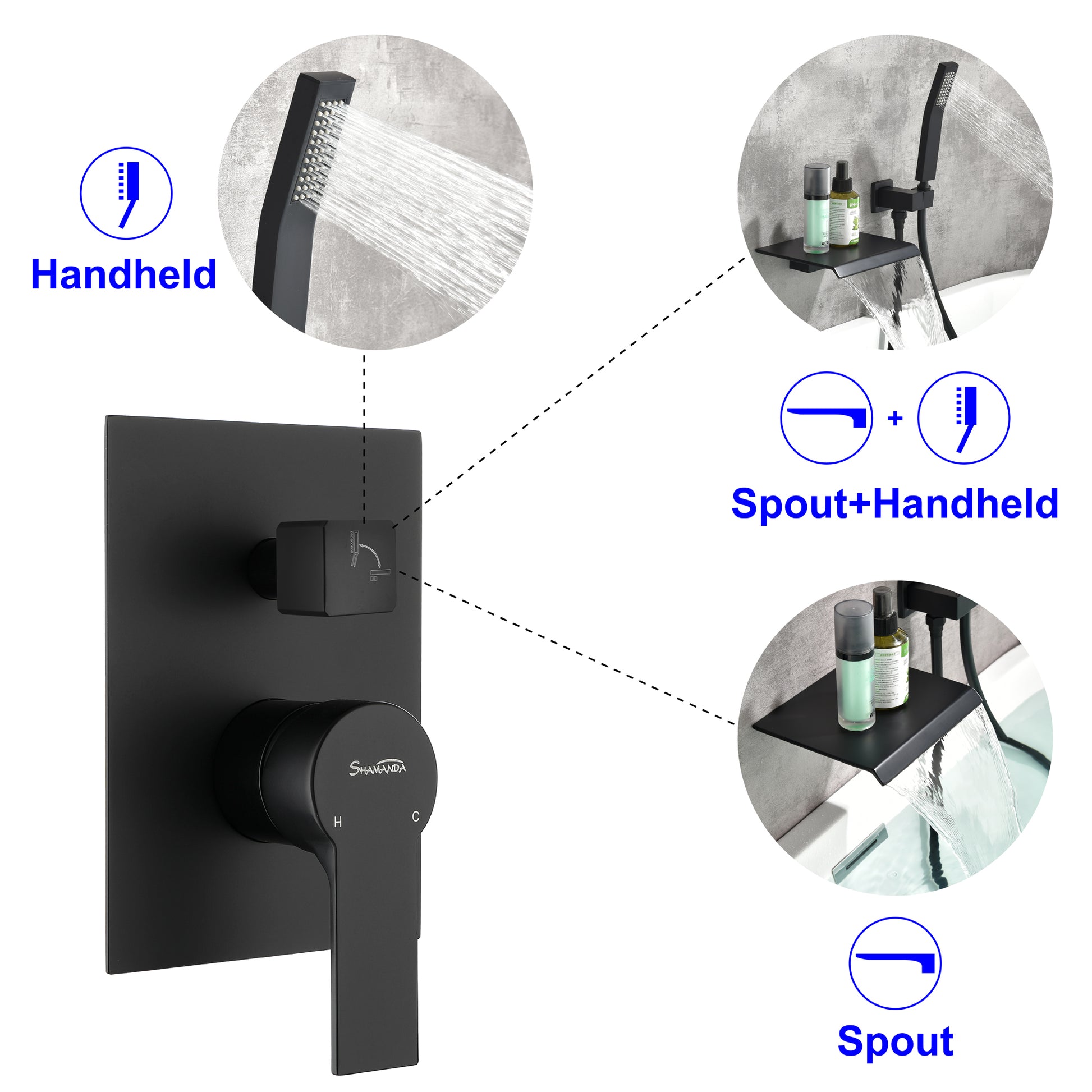 Wall Mount Tub Filler with Handheld Shower in Matte Black