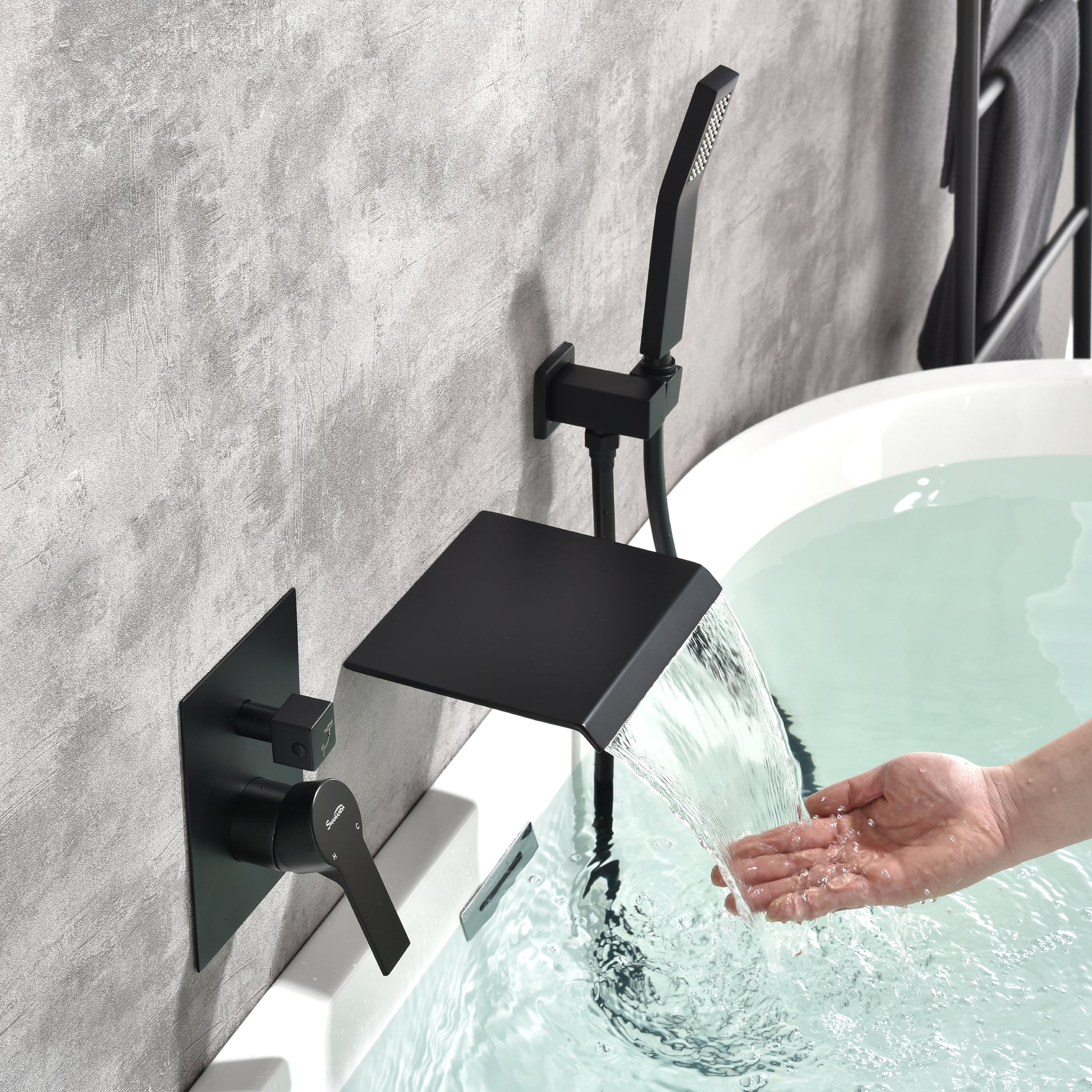 Wall Mount Tub Filler with Handheld Shower in Matte Black