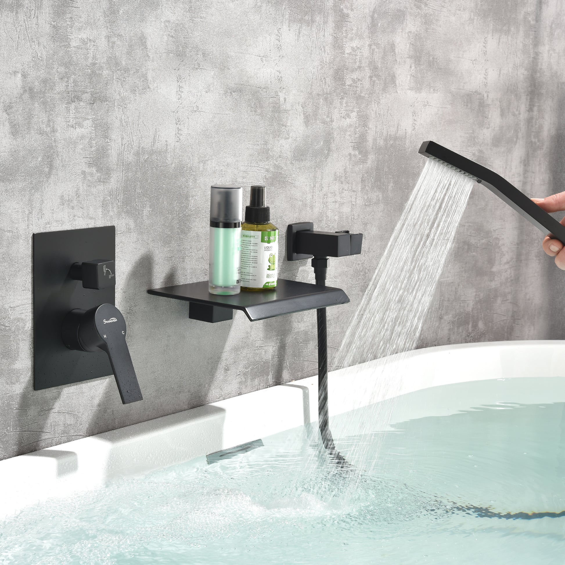 Wall Mount Tub Filler with Handheld Shower in Matte Black