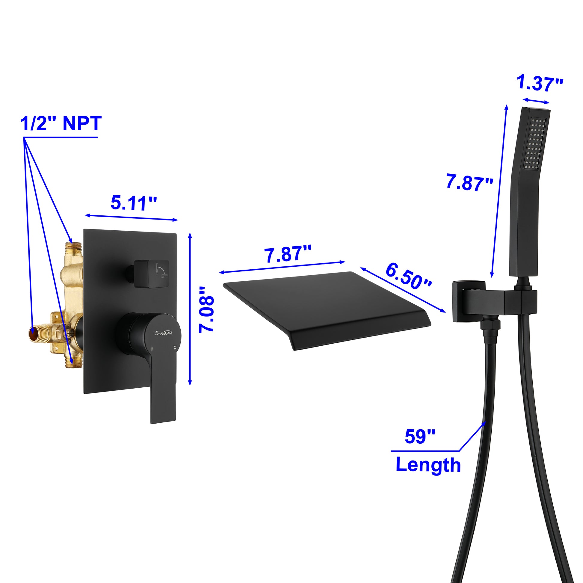 Wall Mount Tub Filler with Handheld Shower in Matte Black