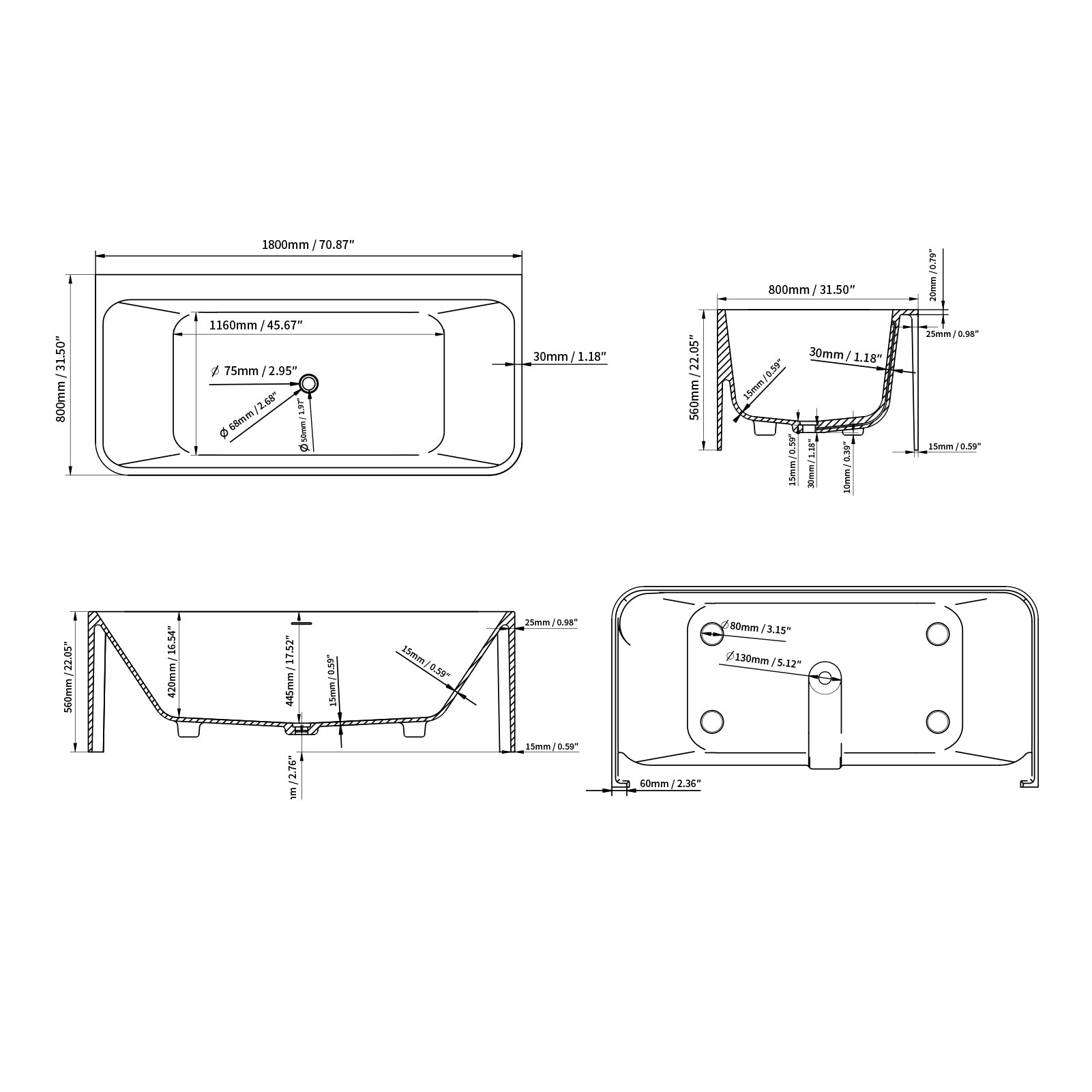 55"/59"/63"/67"/71" Rectangular Matte White Solid Surface Freestanding Soaking Tub