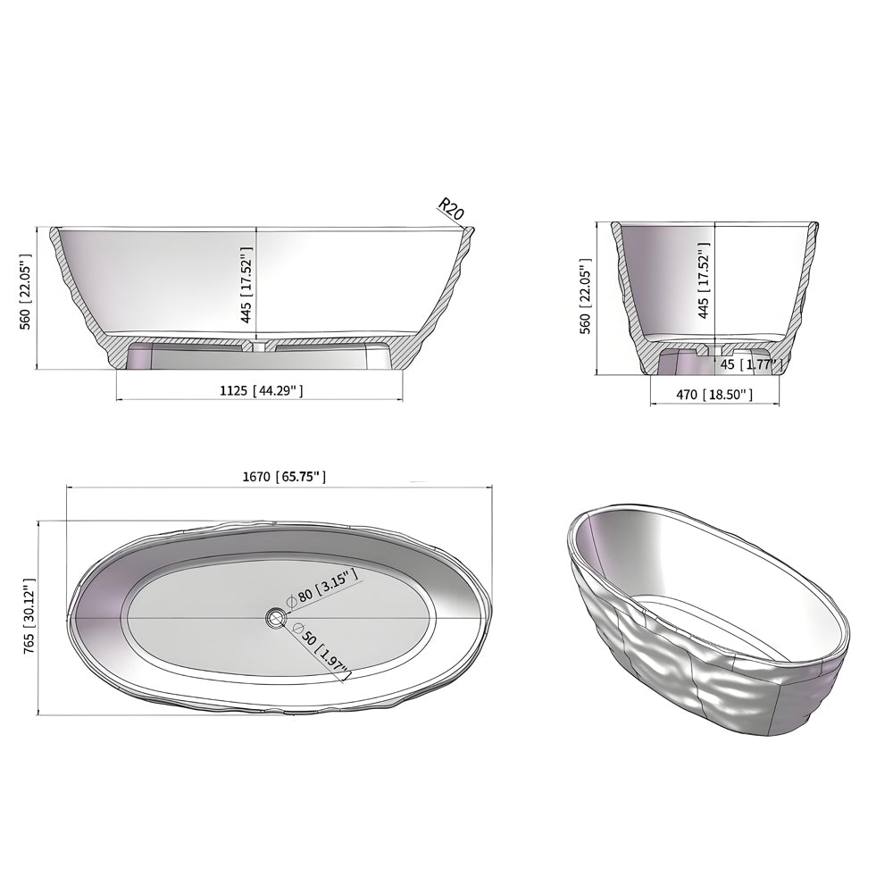 67" Contemporary Pure Resin Freestanding Soaking Bathtub with Wave Texture