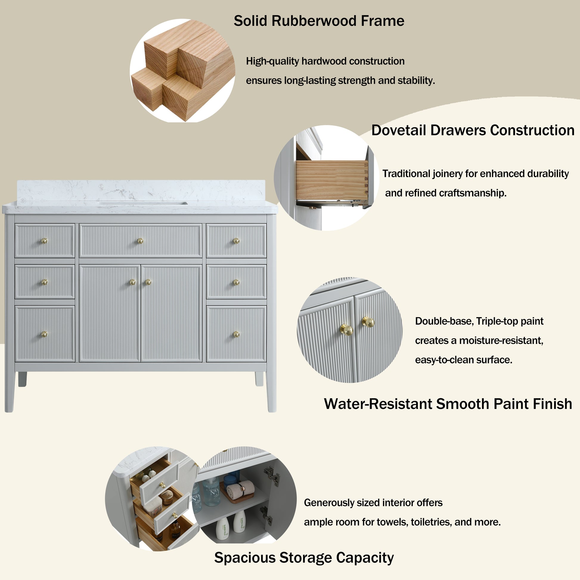 30"/36"/48" Freestanding Single Sink Bathroom Vanity with Solid Wood Construction & Marble Top