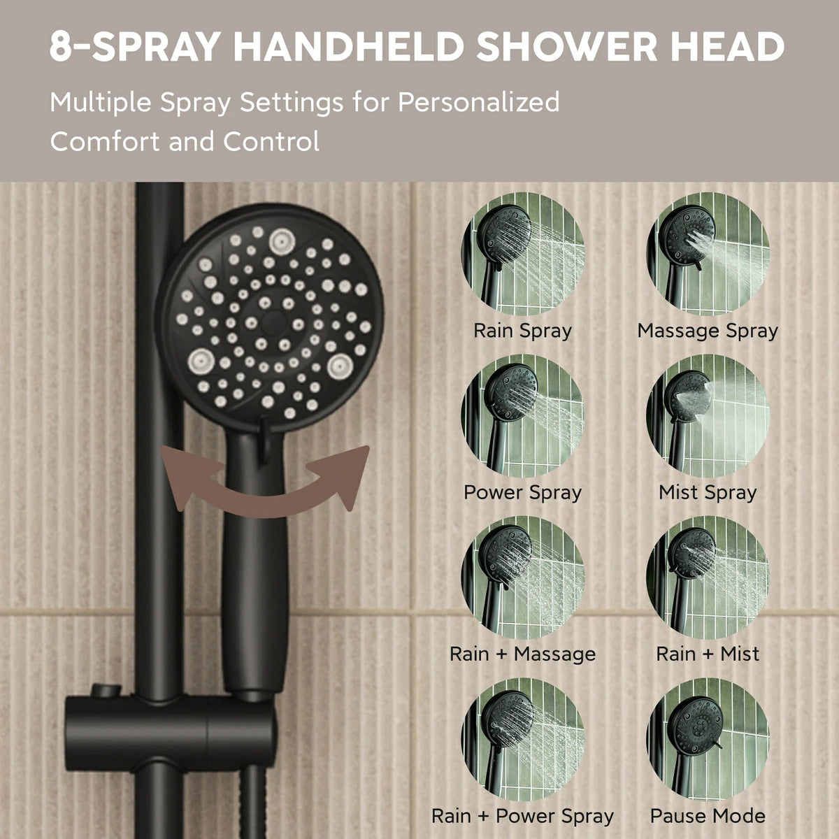 8 Inch Modern 7 Function Shower Head with Metal Ball Head