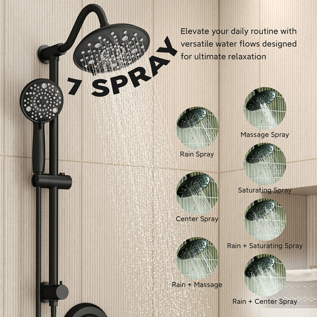 8 Inch Modern 7 Function Shower Head with Metal Ball Head