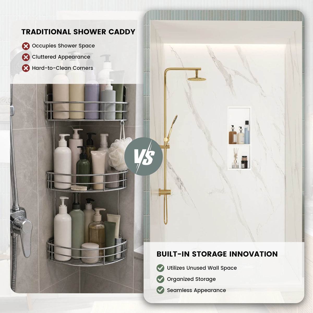 12.2" x 28.7"/39.3" Glossy White SMC Shower Niche with 1 or 2 Shelves