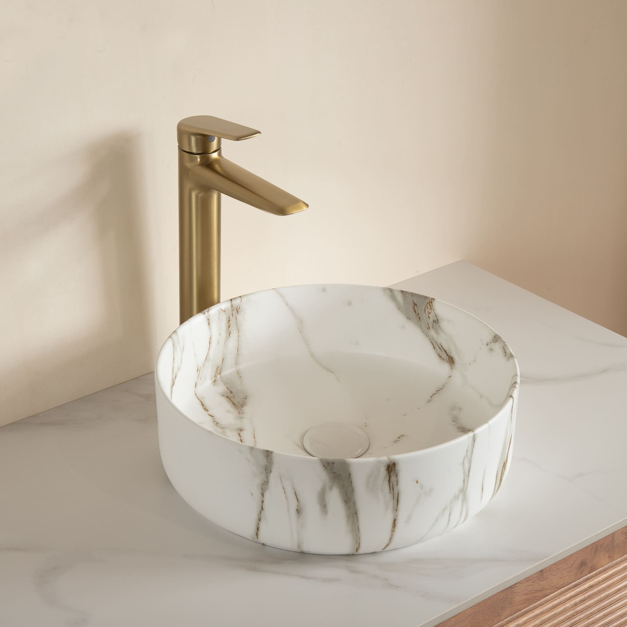 14 in. Round Ceramic Vessel Bathroom Sink in Glossy White / Stone Pattern Matte White