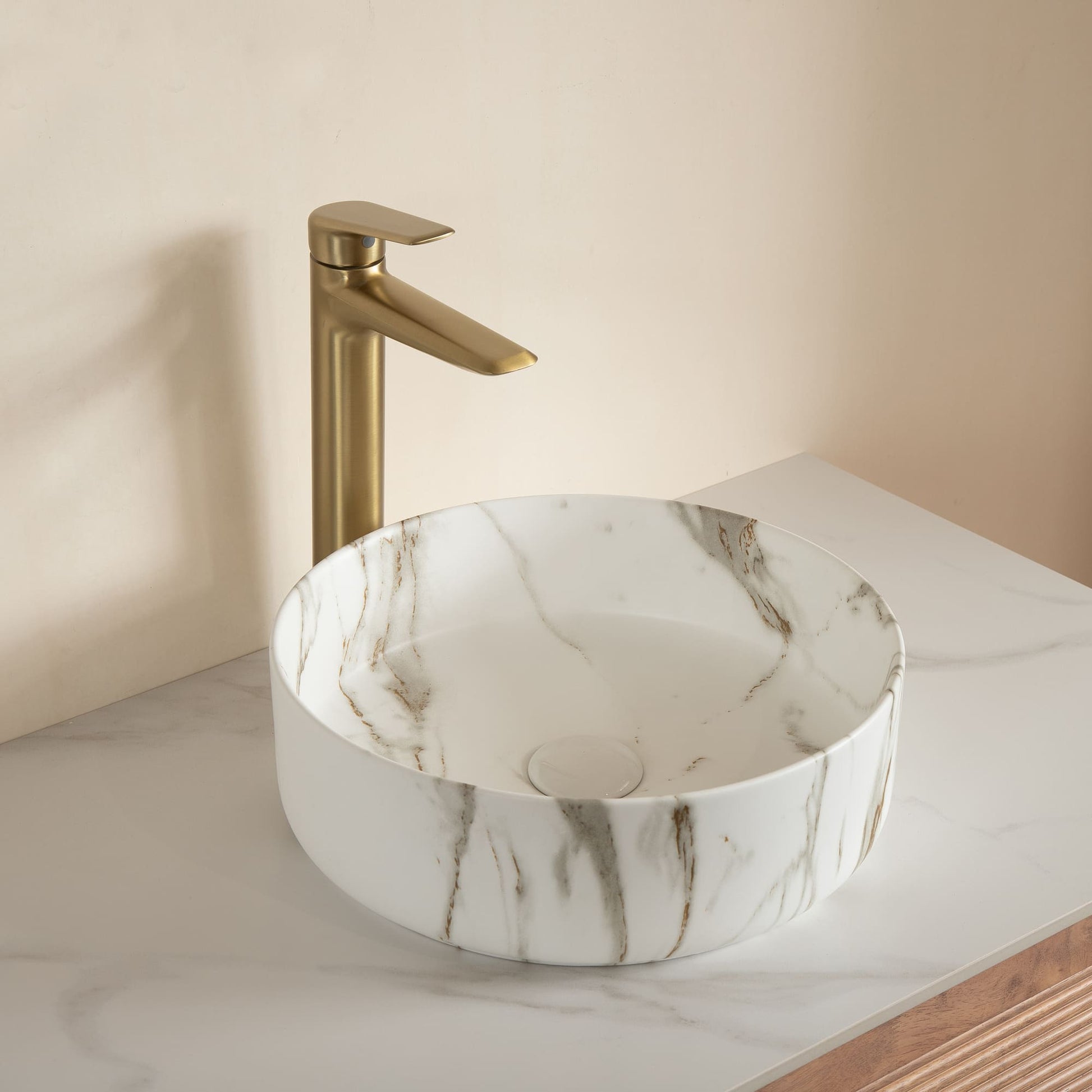 14 in. Round Ceramic Vessel Bathroom Sink in Glossy White / Stone Pattern Matte White