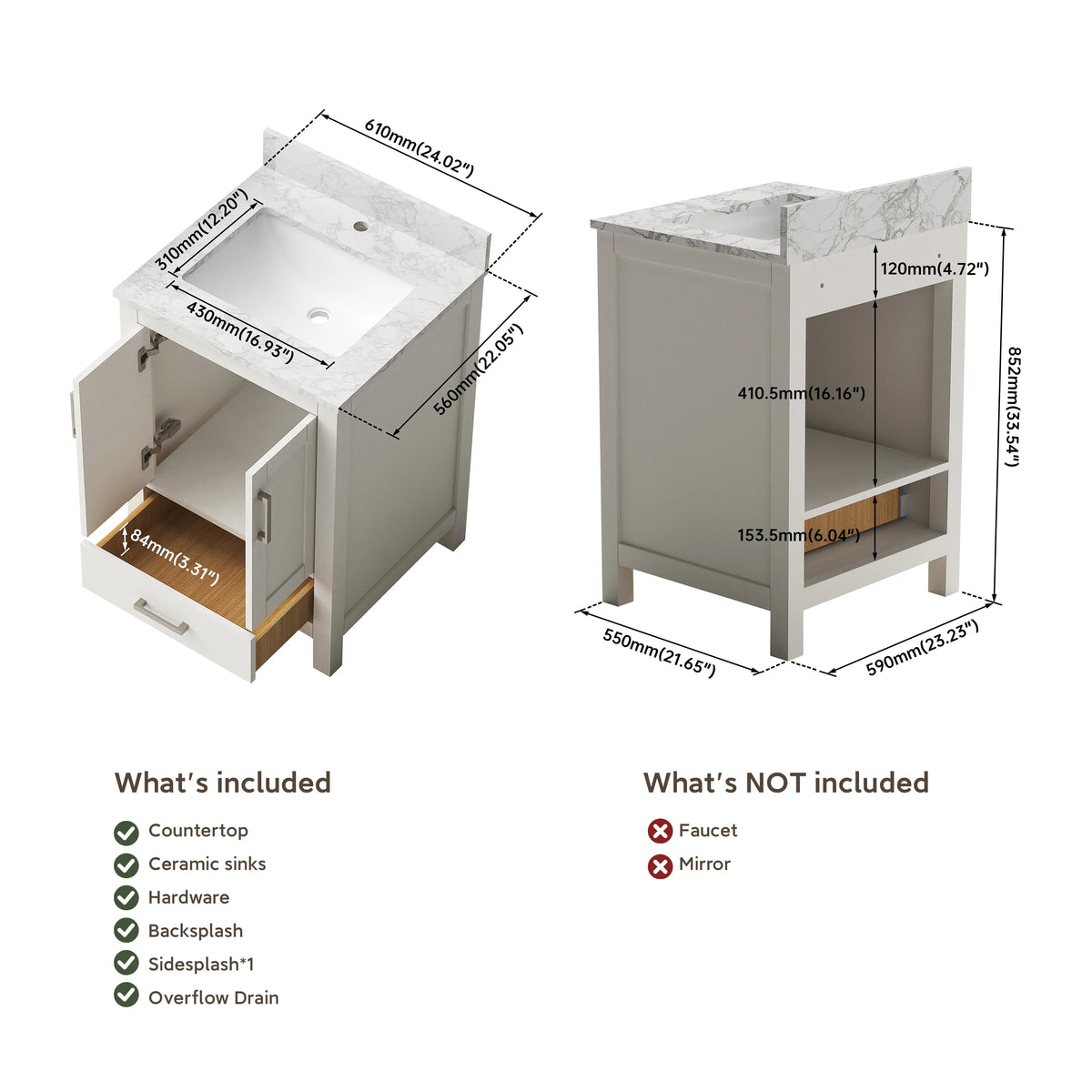 24" Freestanding Single Sink Bathroom Vanity with Solid Wood Frame & Engineered Stone Top
