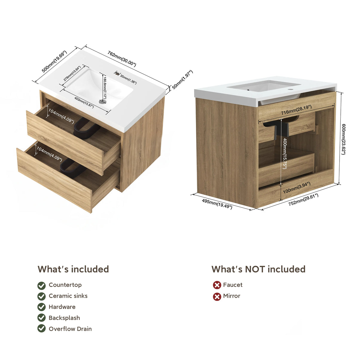 30" Wall-mount Single Sink Bathroom Vanity with Marble Top