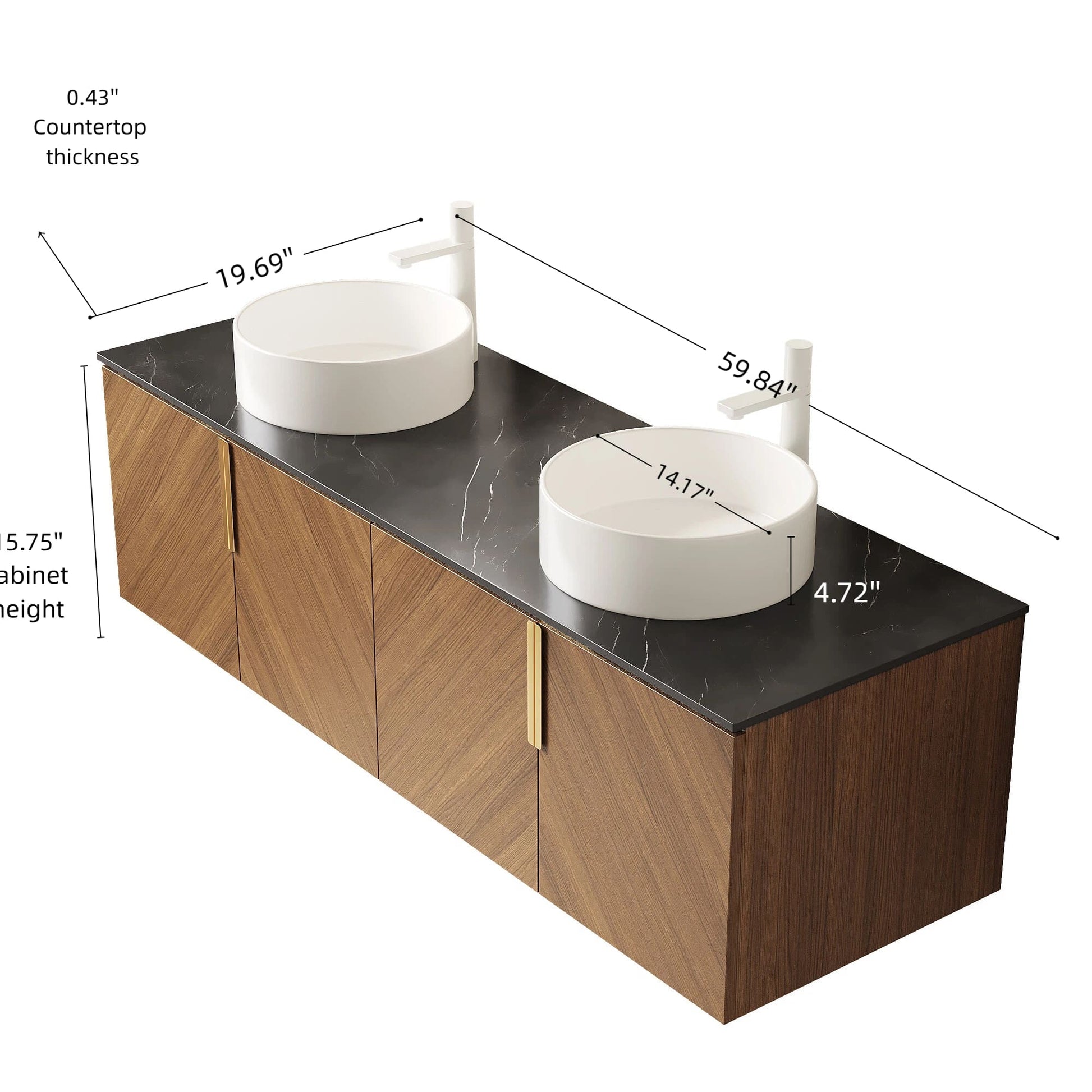 30 in. / 60 in. Floating Bathroom Vanity with Black Sintered Stone Top and Round Ceramic Vessel Sink, Brown Oak Woodgrain