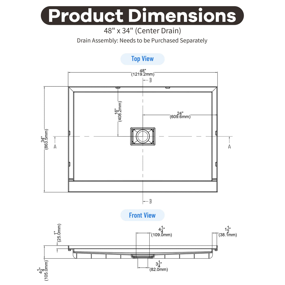 36"-60"x30"-36" White SMC Shower Base with Flamed Rock Slip-Resistant Surface, Center Drain