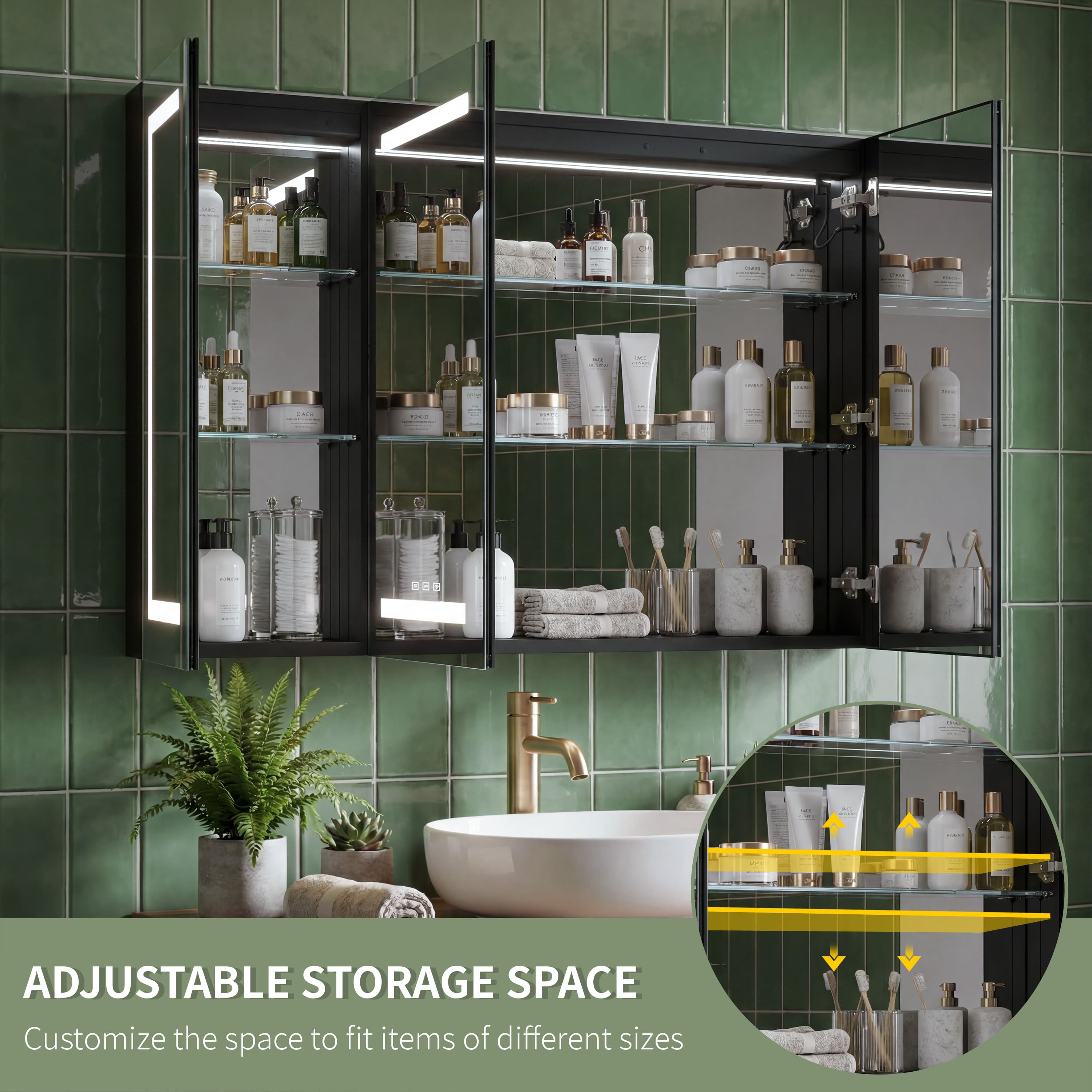 47"x36" 3 Doors Bathroom Medicine Cabinet with Anti Fog LED Mirrors