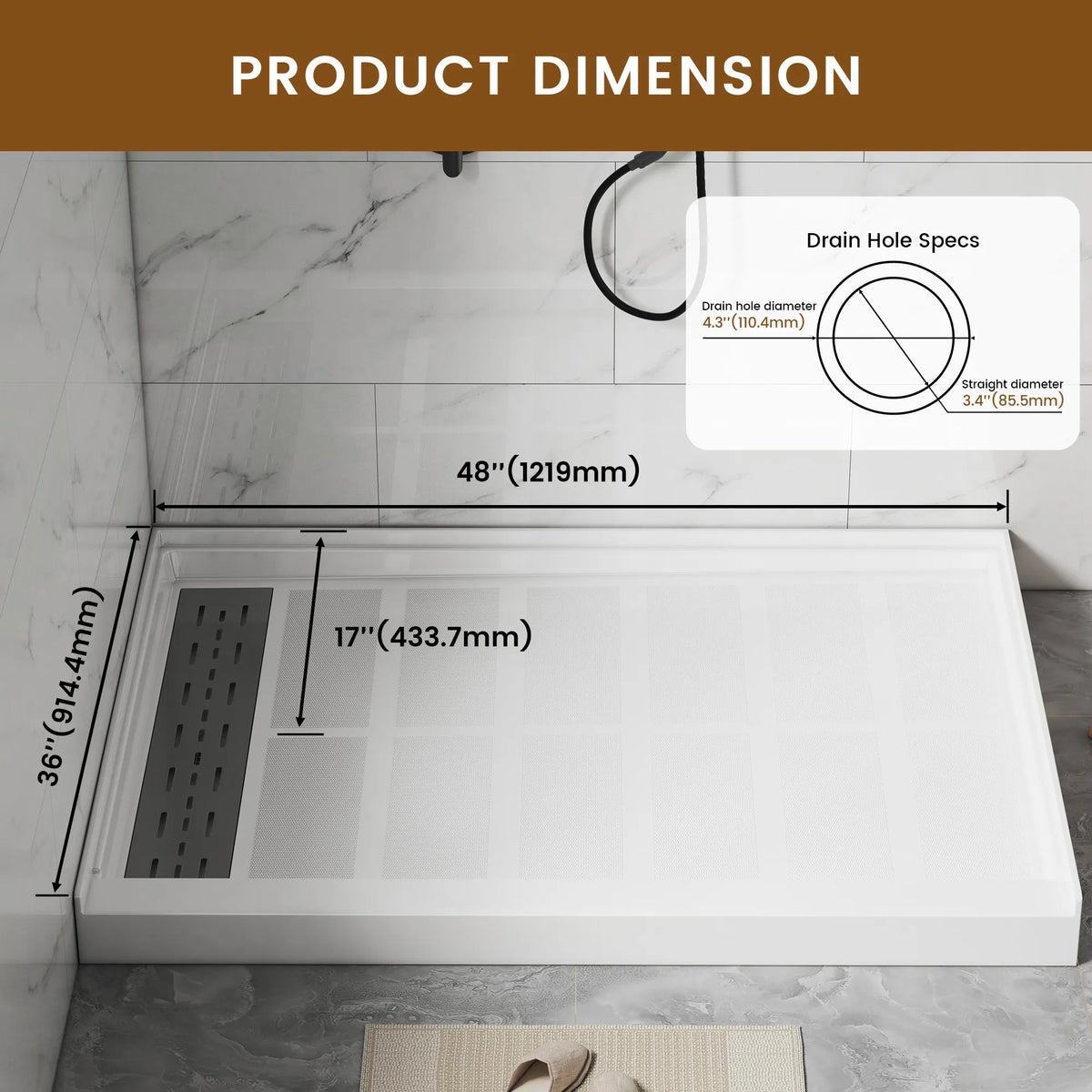 48"/60" x 30"/32"/36" White SMC Rectangular Shower Base with Non-Slip Texture, Left/Right Drain