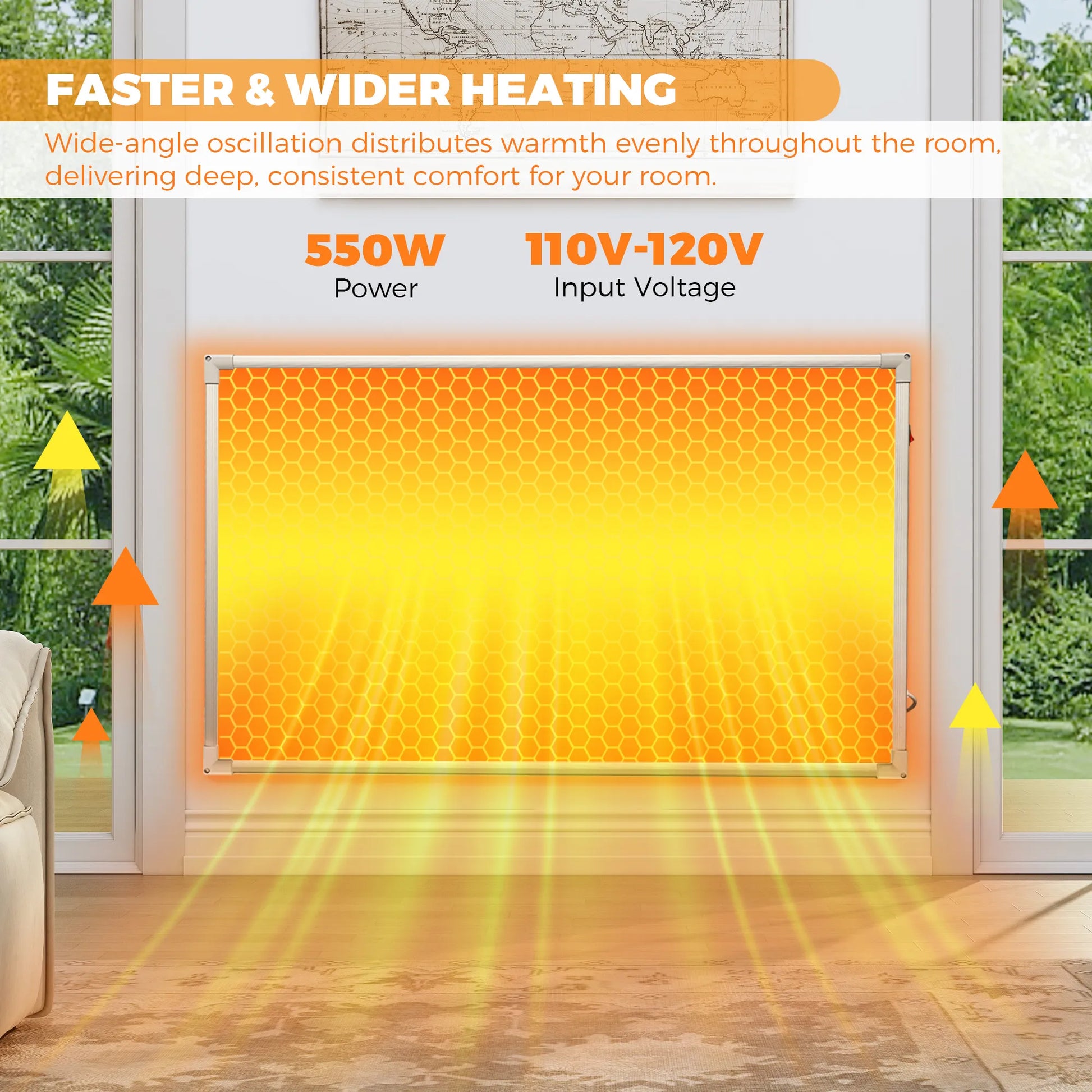 550W Graphene Wall-Mounted Electric Panel Heater with Wood Base and Stainless Steel Finish