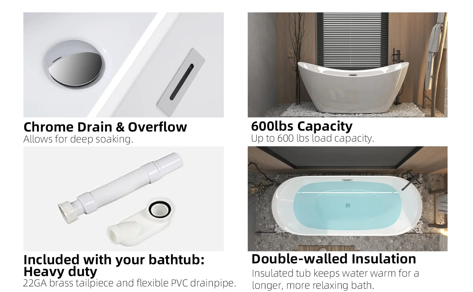 59" Gloss White Acrylic Double-Slipper Freestanding Bathtub with Chrome Overflow and Pop-Up Drain