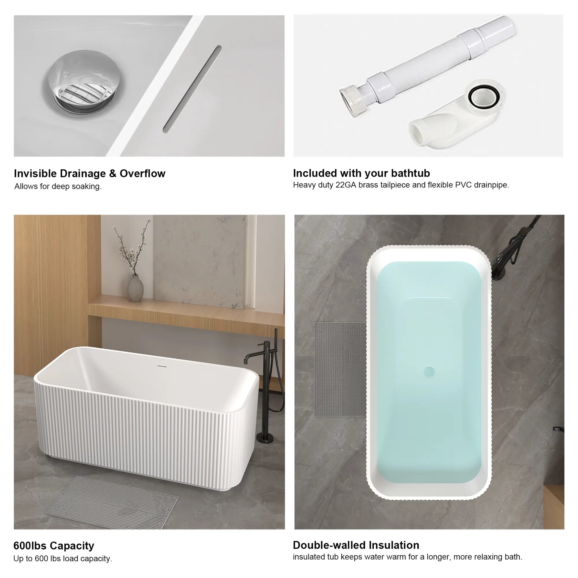 59" Gloss White Acrylic Freestanding Bathtub with Chrome Pop-Up Drain
