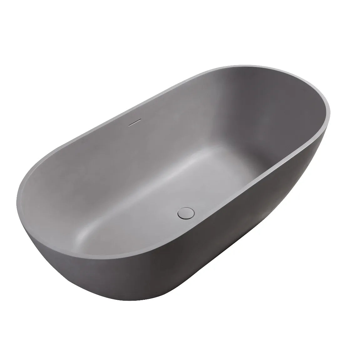 59" Matte Gray Solid Surface Freestanding Soaking Bathtub with Overflow & Pop-Up Drain