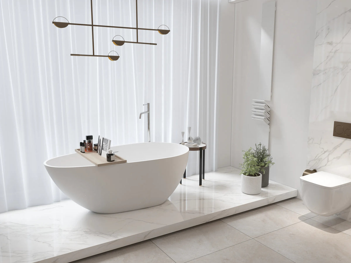 59" Matte White Egg-Shaped Stone Resin Freestanding Soaking Tub, cUPC Certified