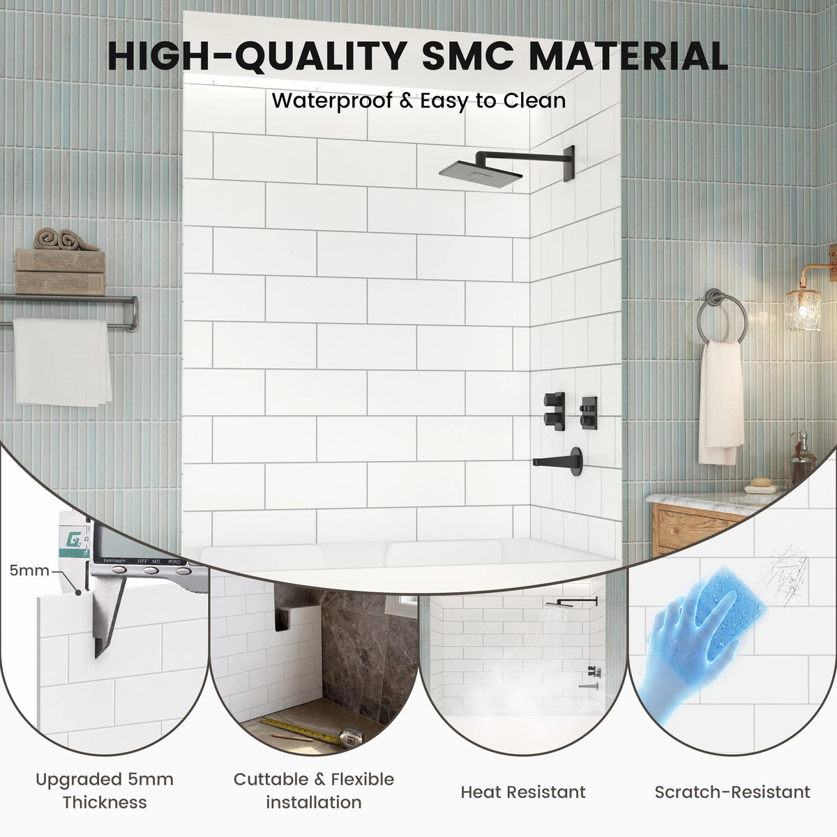 60"x36"/48"x96" Medium Tile Pattern SMC Shower Wall Panel System in 4 Finishes