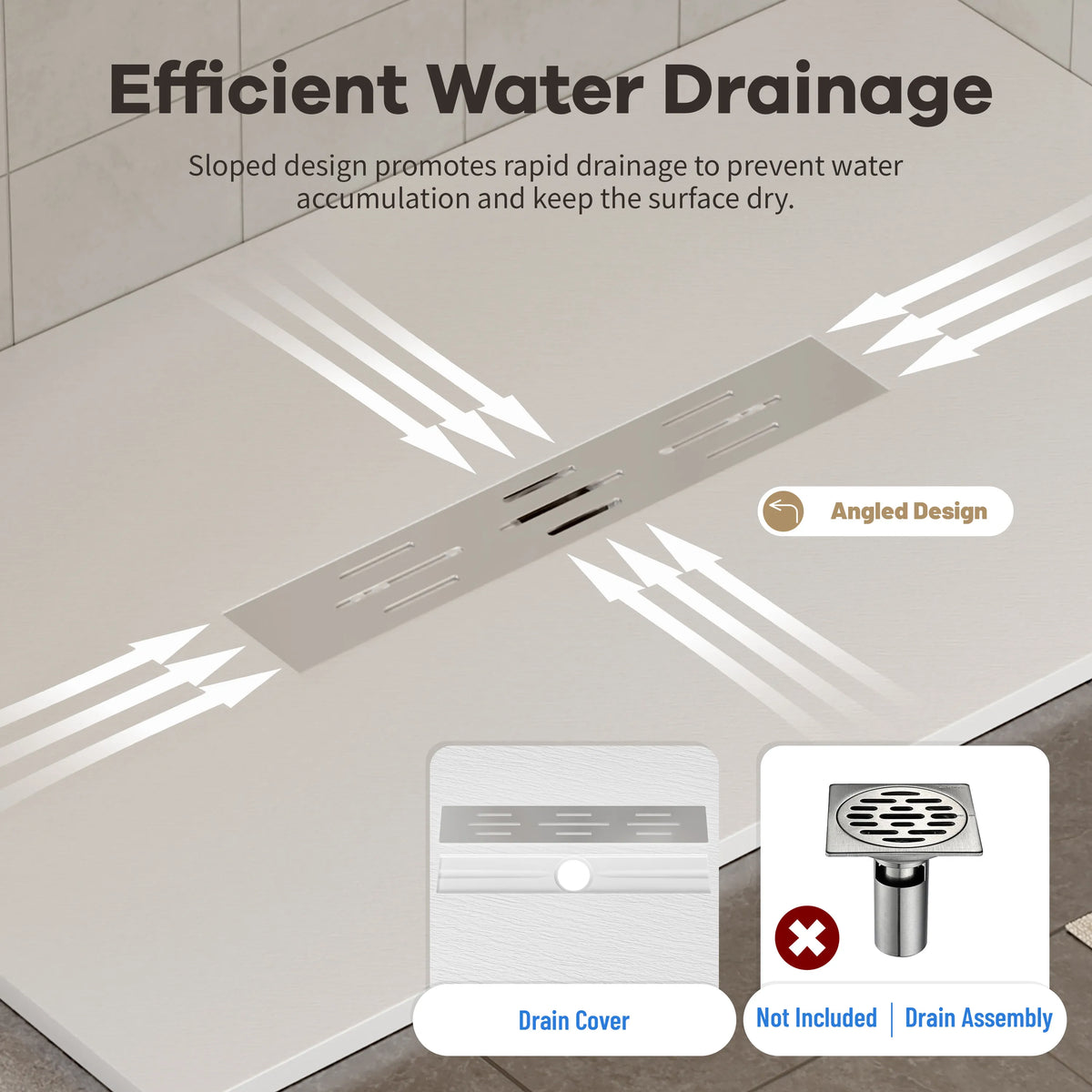 60"x36" White/Calacatta Curbless SMC Shower Base with Flamed Rock Slip-Resistant Surface, Center Drain