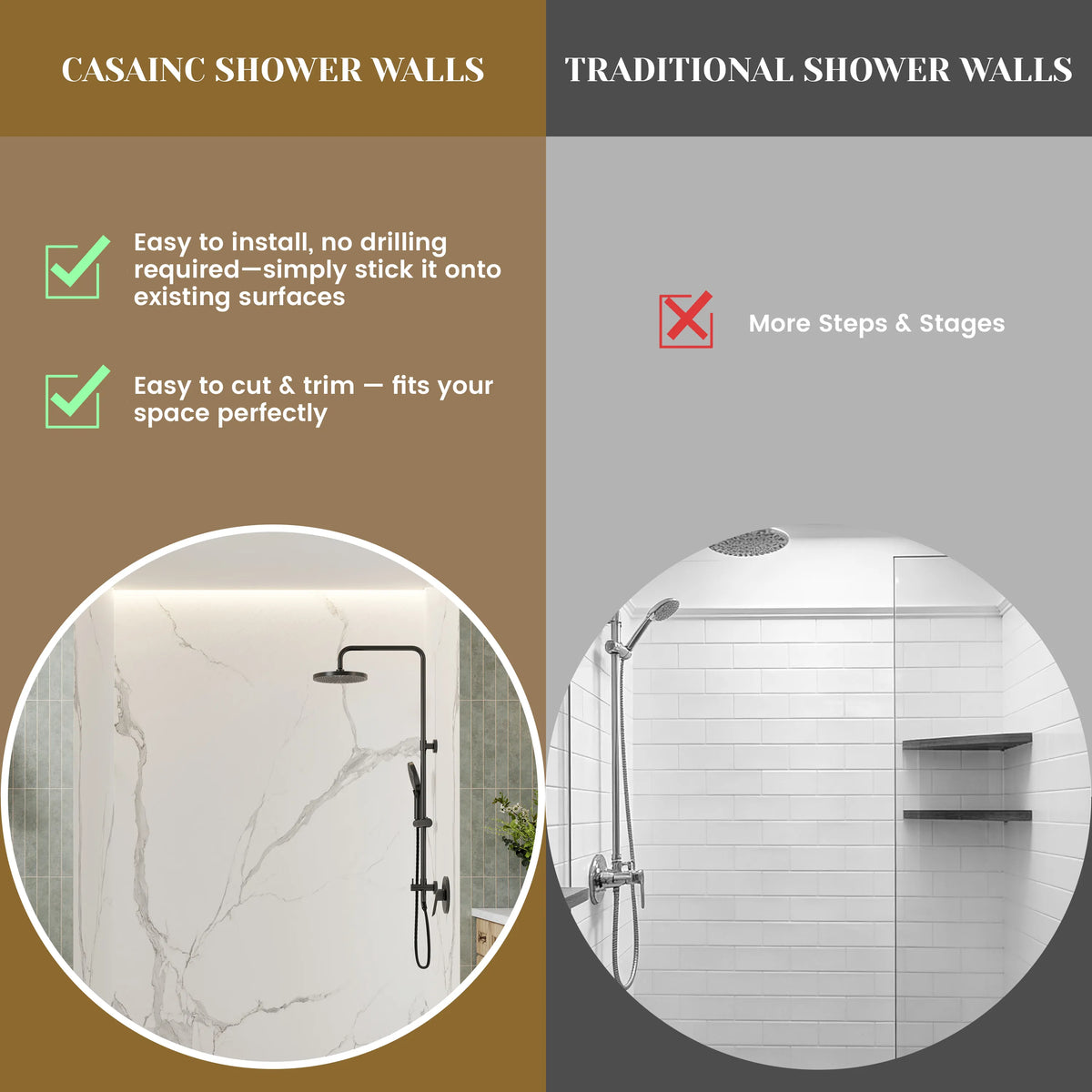 60"x36"x75"/96" Matte White with Marble Texture SMC Shower Wall Panel Kit