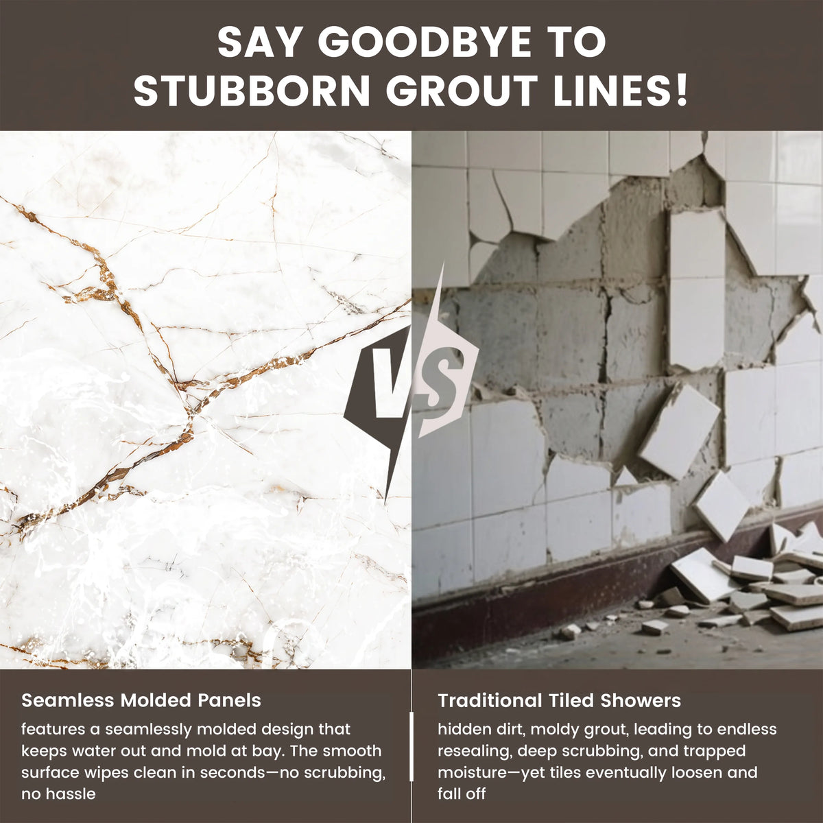 60"x36"x96" SMC Shower Wall Panels, Waterproof Grout-Free Shower Surround in 4 Finishes