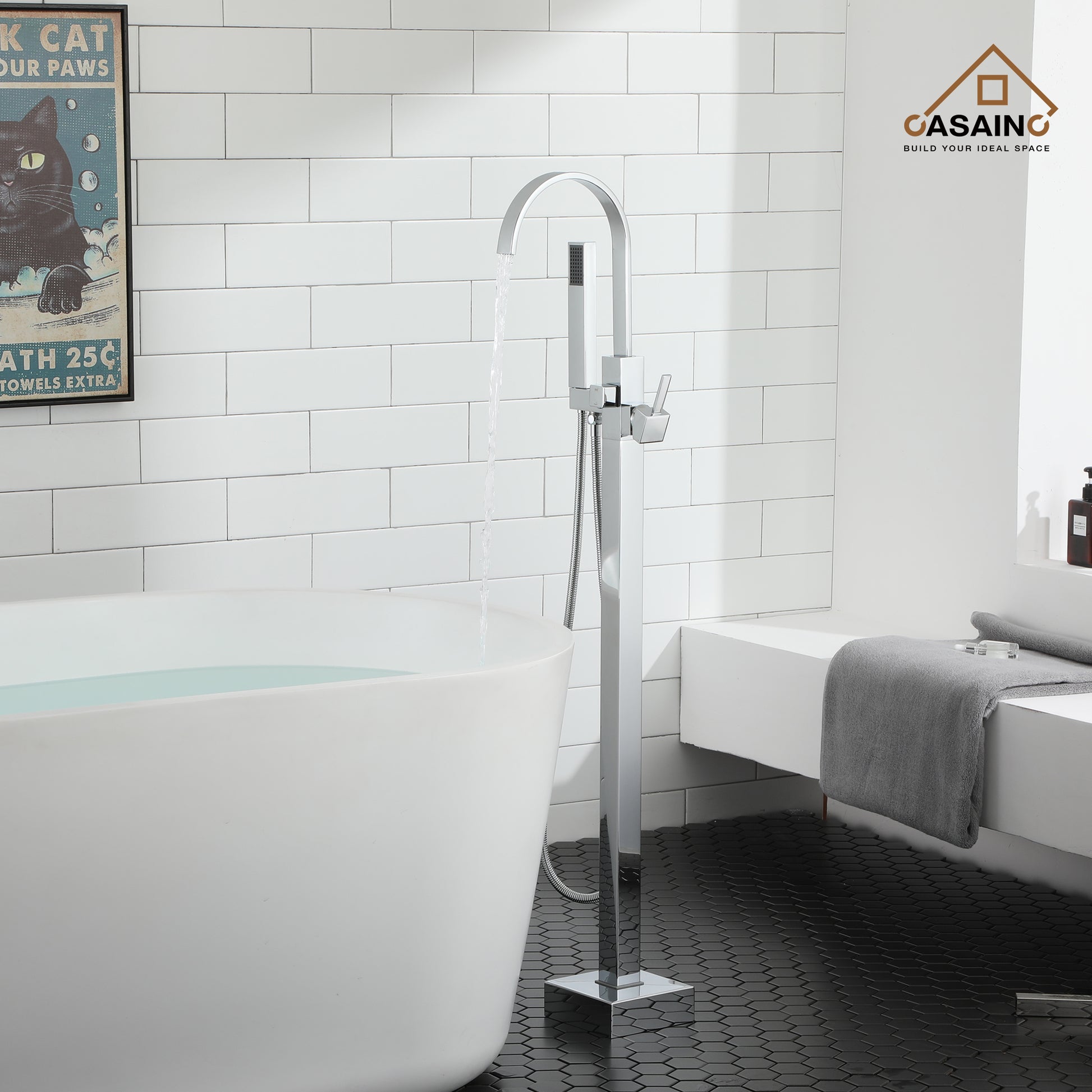 Floor Mount High Arc Bathtub Faucet with Ceramic Filter and Hand Shower