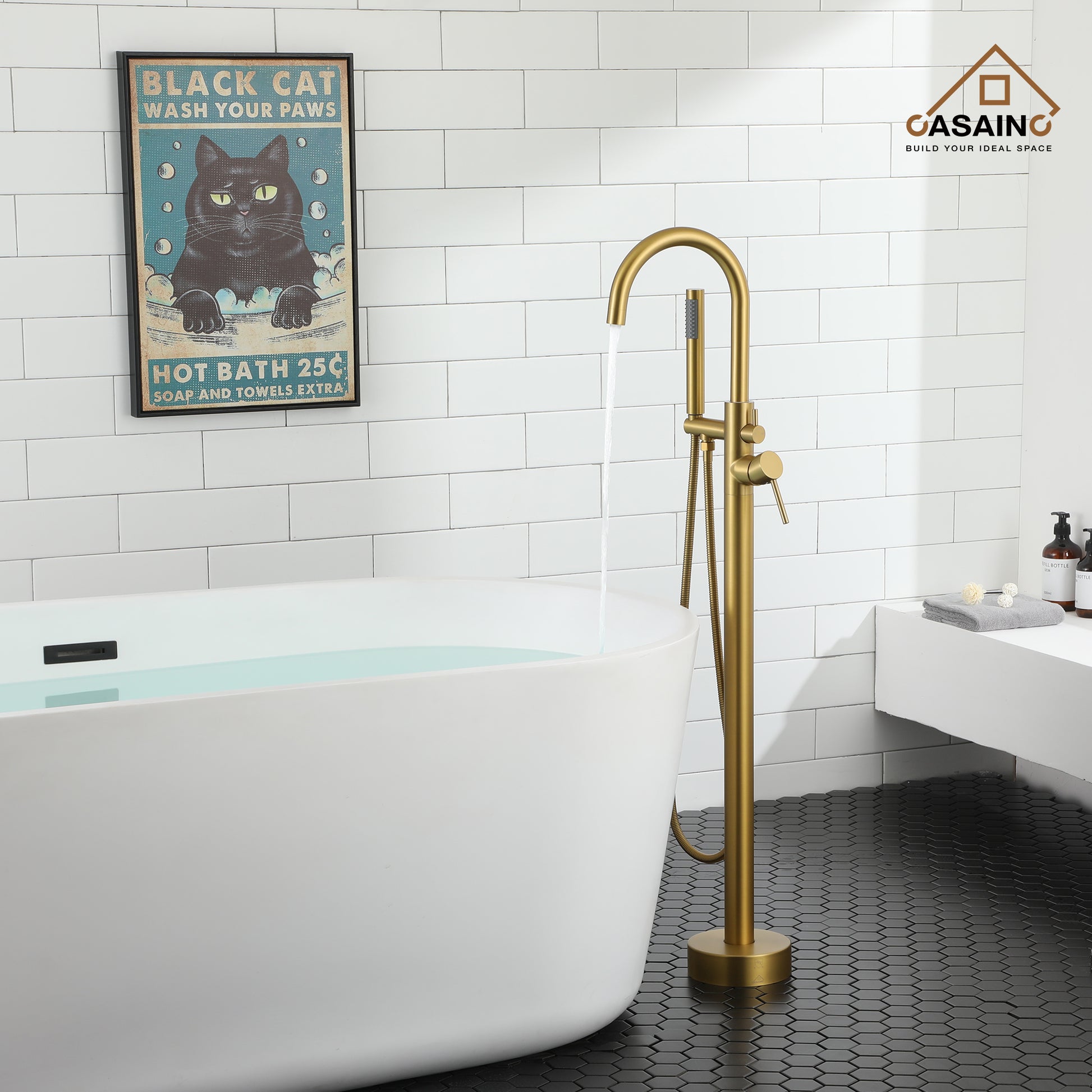 Freestanding Bathtub Faucet with Hand Shower in Brushed Brass