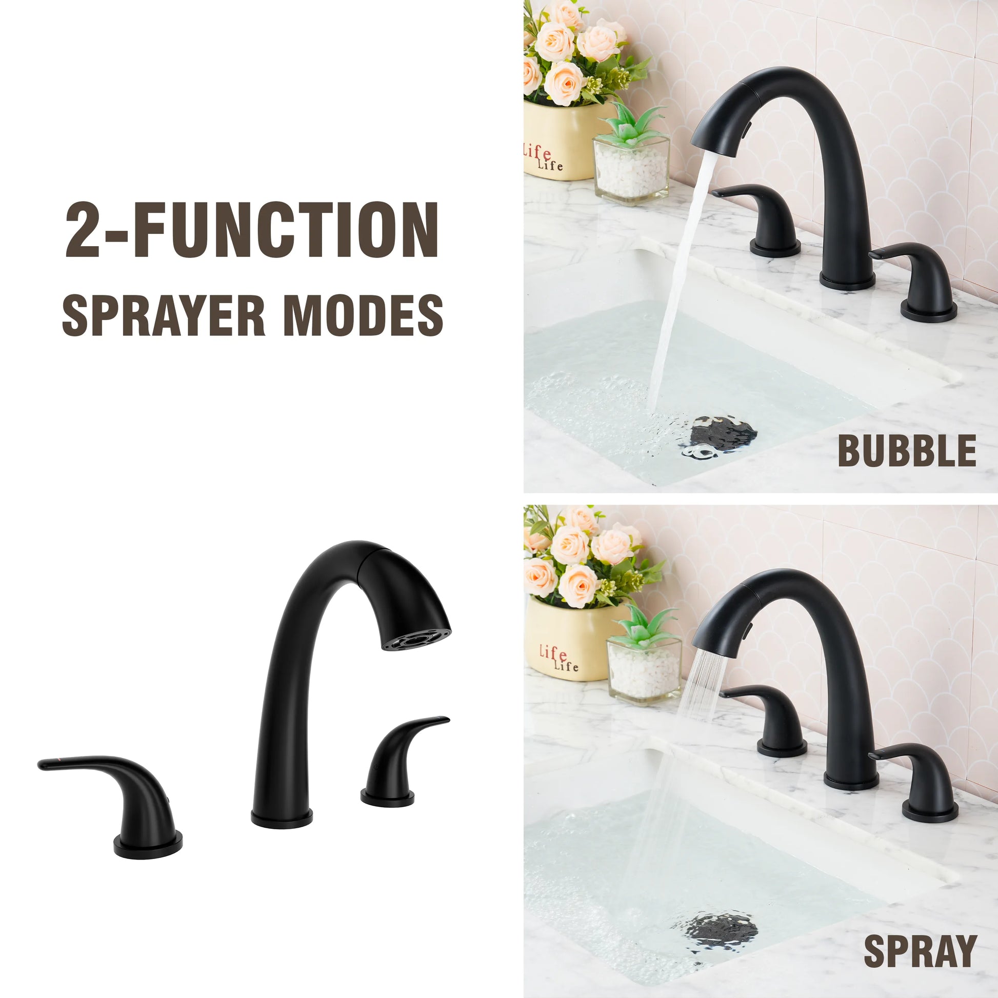 8" Matte Black Pull-Down Widespread Bathroom Faucet