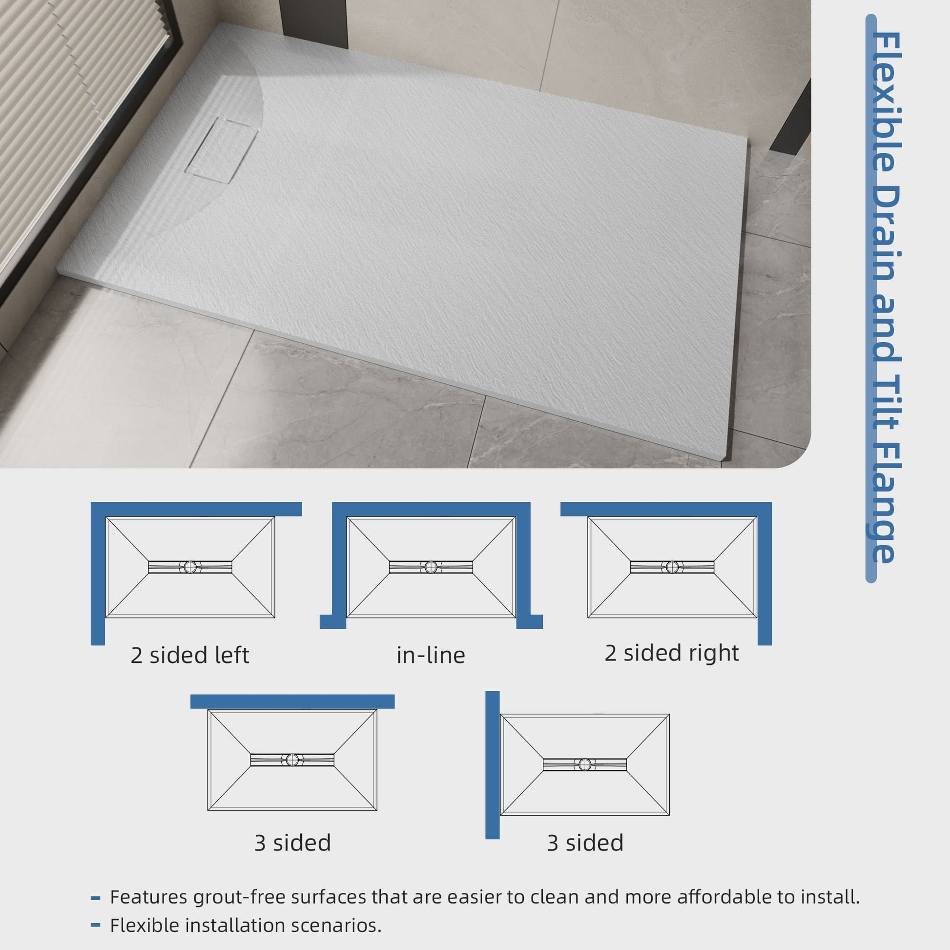 Curbless SMC Shower Base with Flamed Rock Slip-Resistant Surface, Reversible Drain