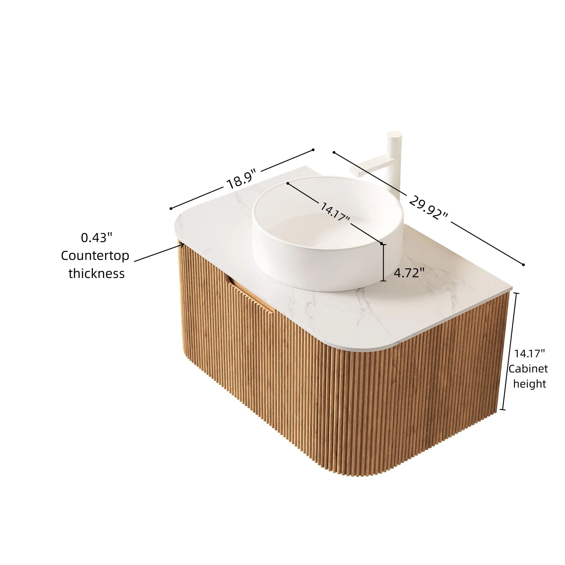 Floating Bathroom Vanity with Curved Edges, Fluted Drawer Fronts, Carrara Sintered Stone Top and Round Ceramic Vessel Sink, Natural Woodgrain / Dark Walnut