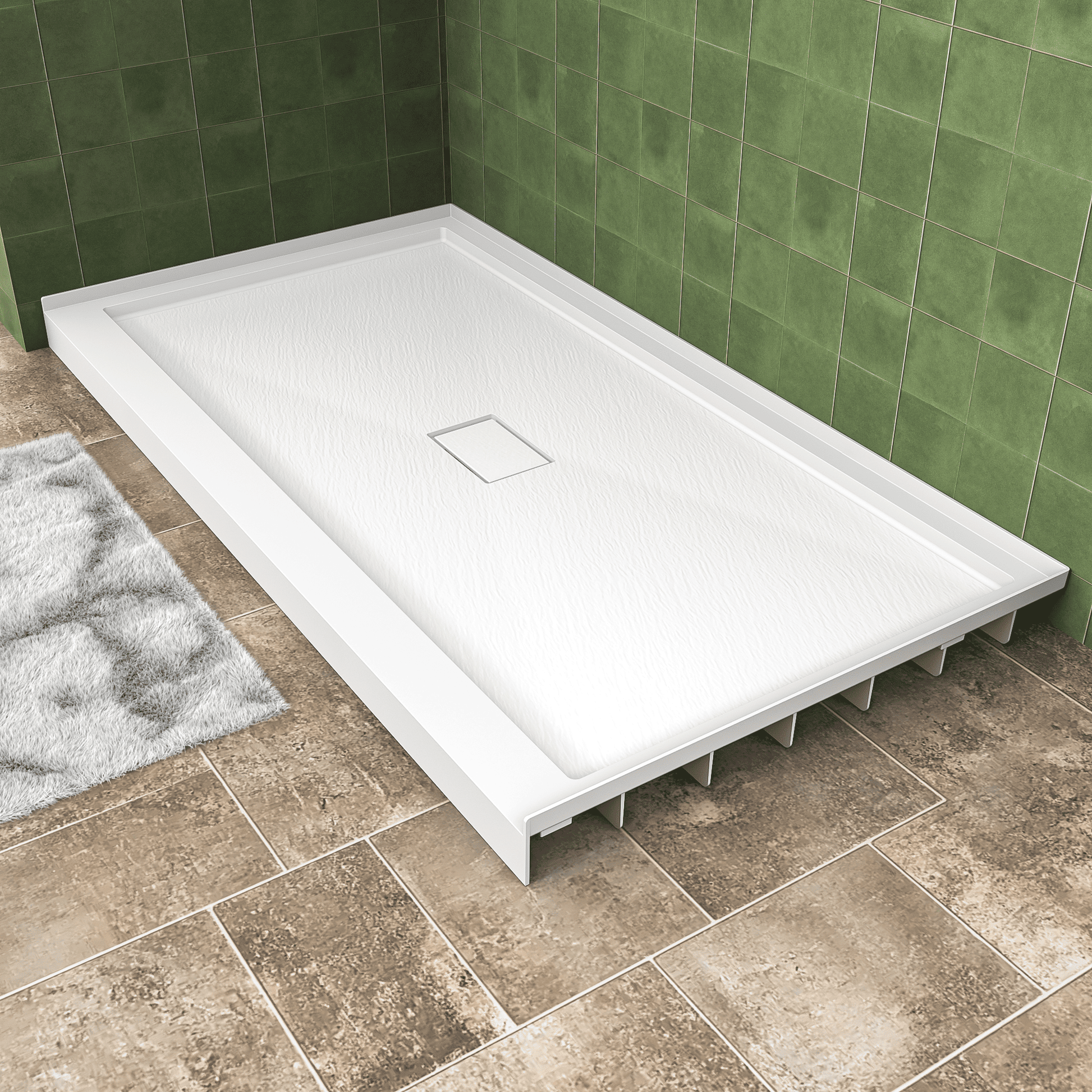One-piece White Shower Base with Flamed Rock Slip-Resistant Surface, Center Drain