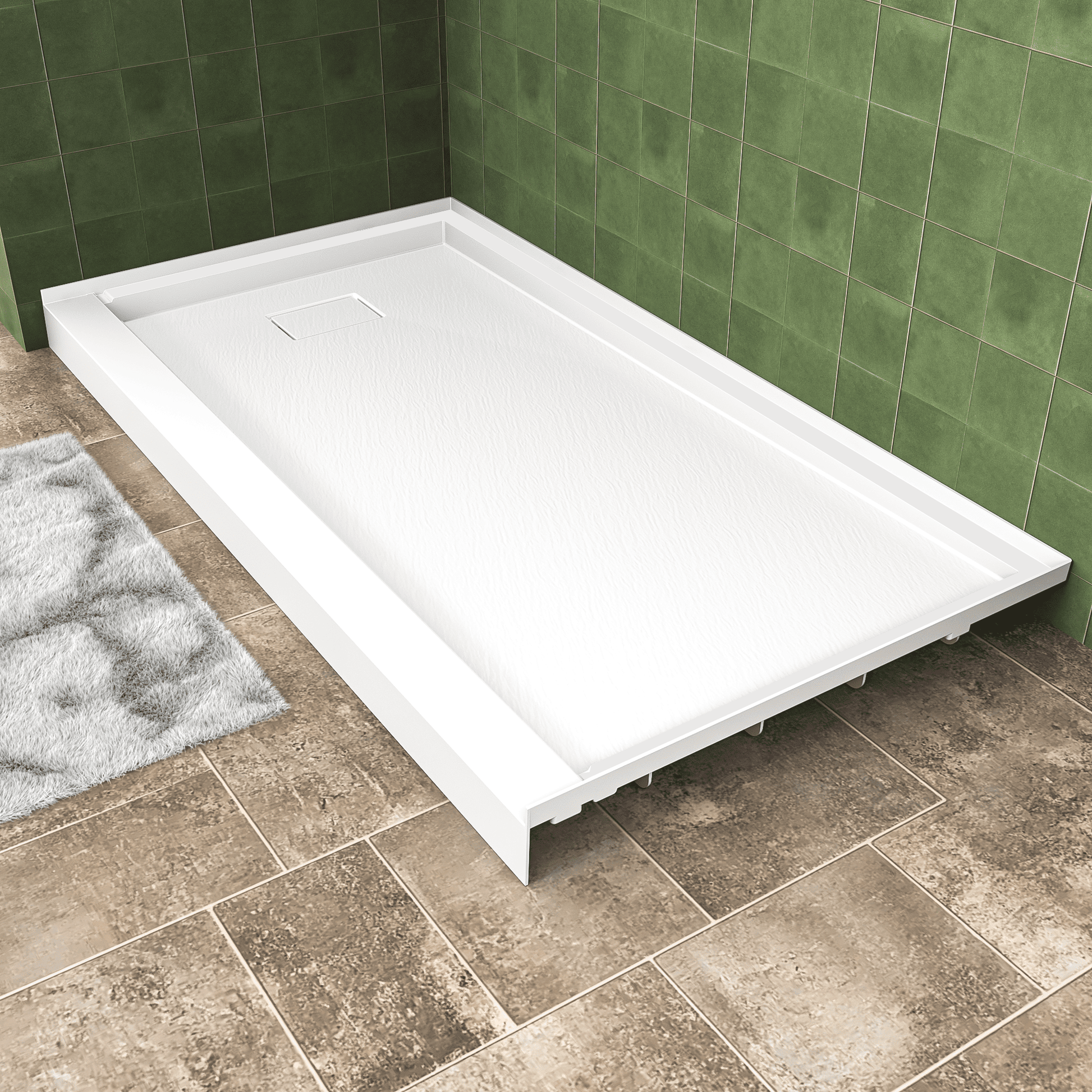 One-piece White Shower Base with Flamed Rock Slip-Resistant Surface, Left/Right Drain