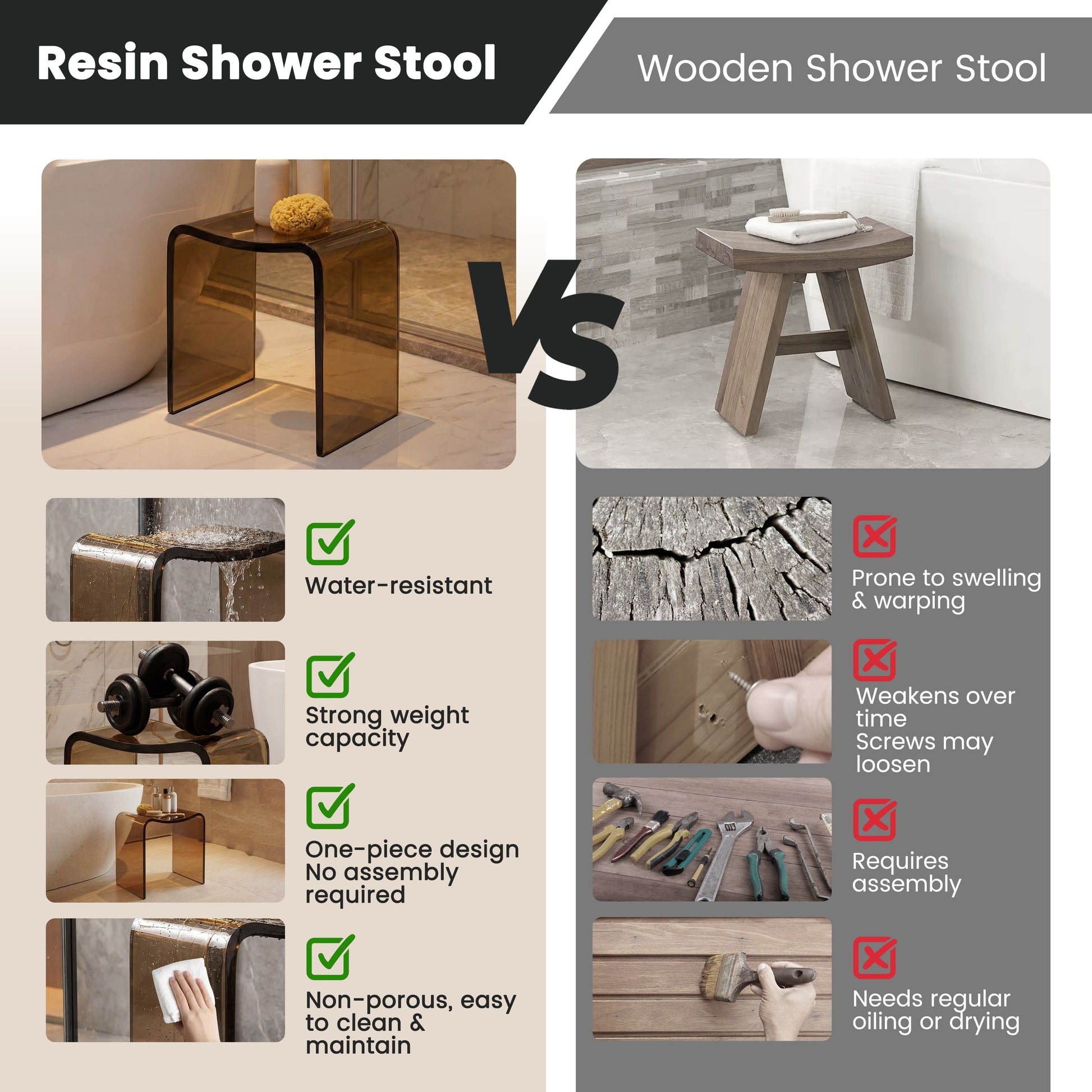 Resin Stone Freestanding Shower Stool with Gently Curved Seat