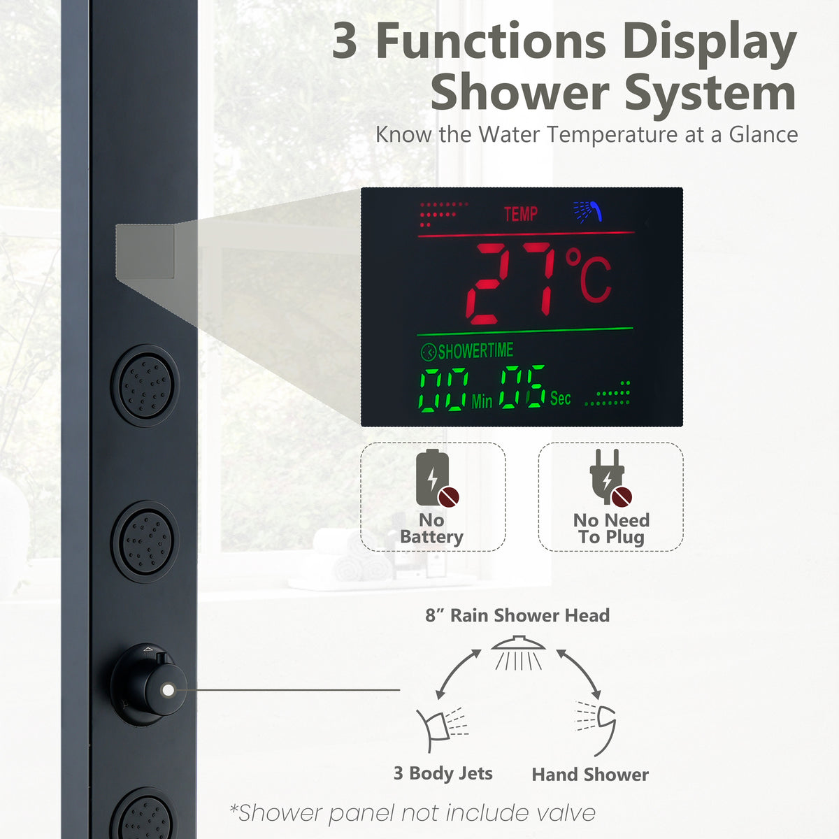 8" Shower System with Rainfall, Body Jets & Digital Temperature Display