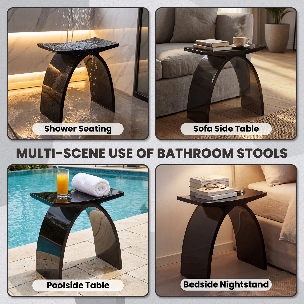 Translucent Resin Arched Solid Surface Bathroom Shower Bench in Glossy Smoke Black/Amber
