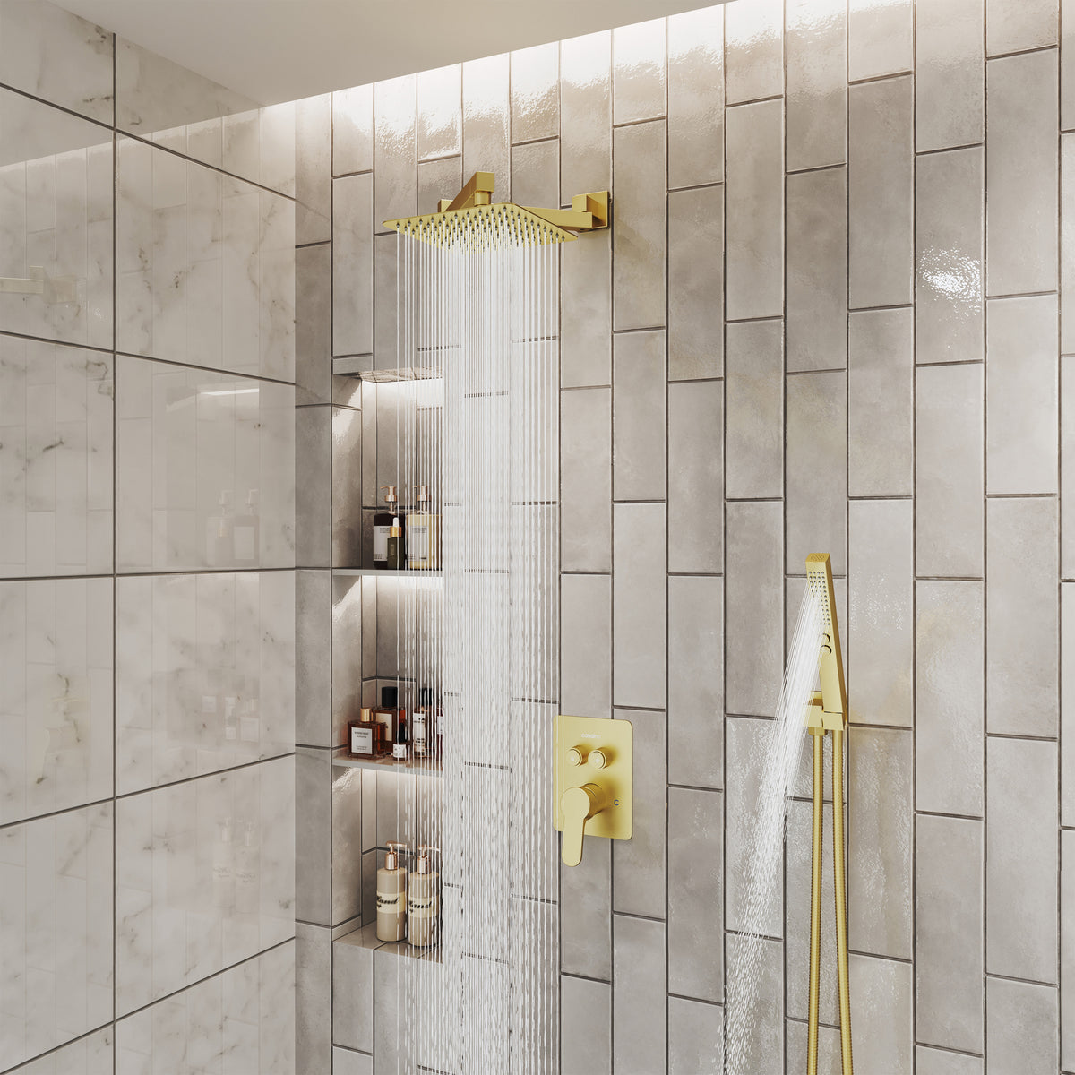 8" Wall-Mounted Concealed Shower System with Foldable Rainfall Shower Head & Handheld Sprayer
