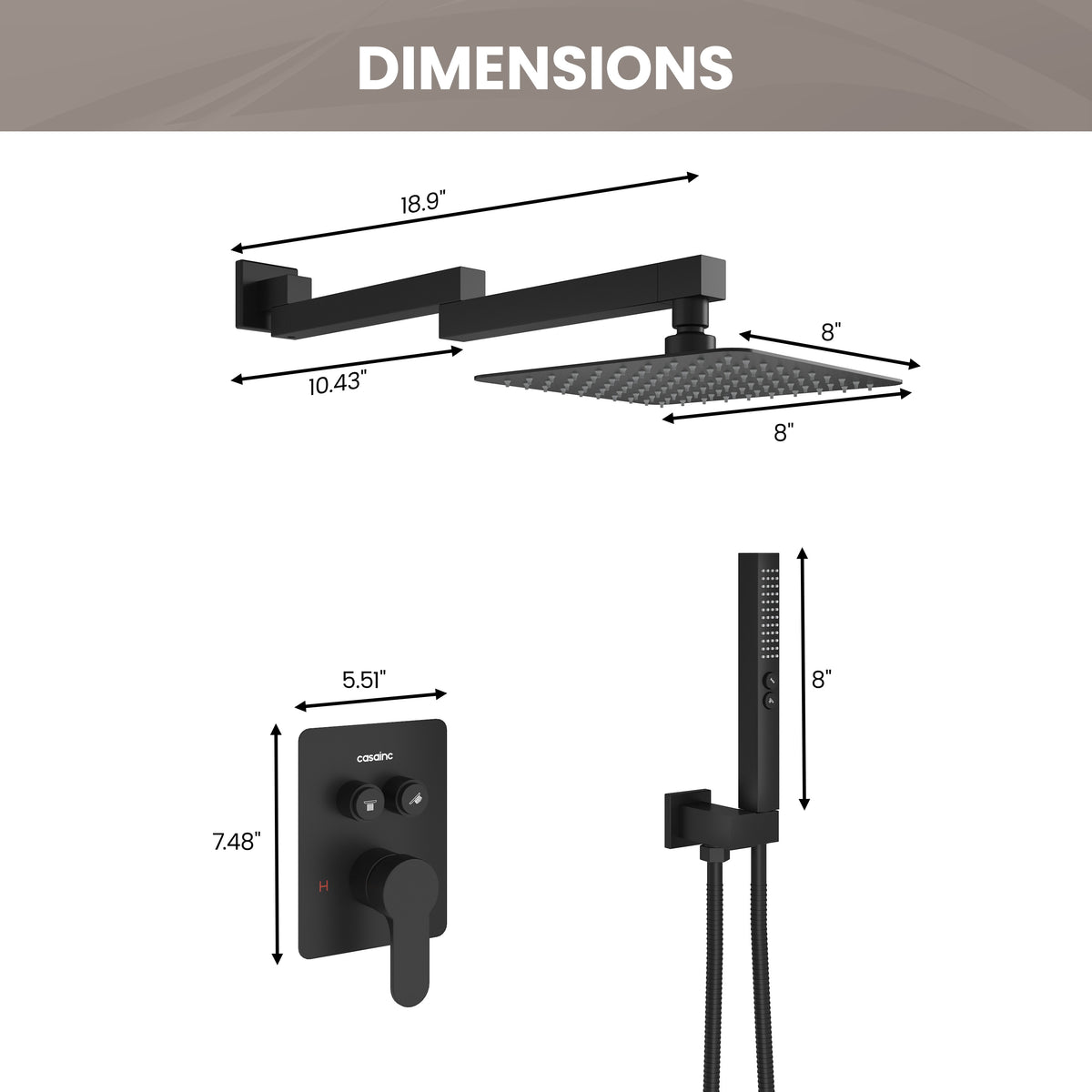 8" Wall-Mounted Concealed Shower System with Foldable Rainfall Shower Head & Handheld Sprayer