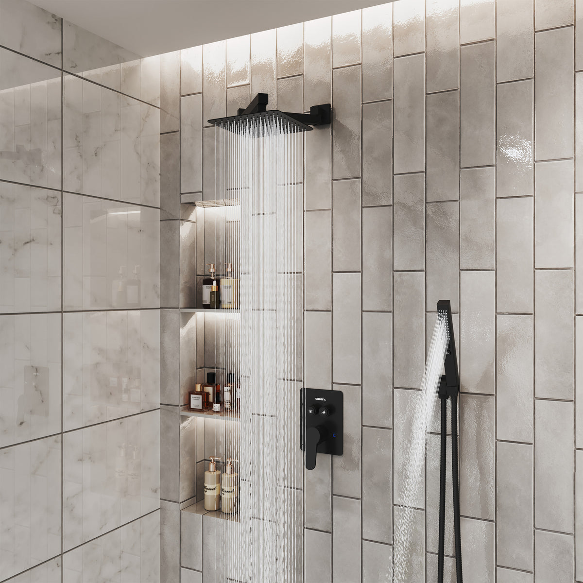 8" Wall-Mounted Concealed Shower System with Foldable Rainfall Shower Head & Handheld Sprayer