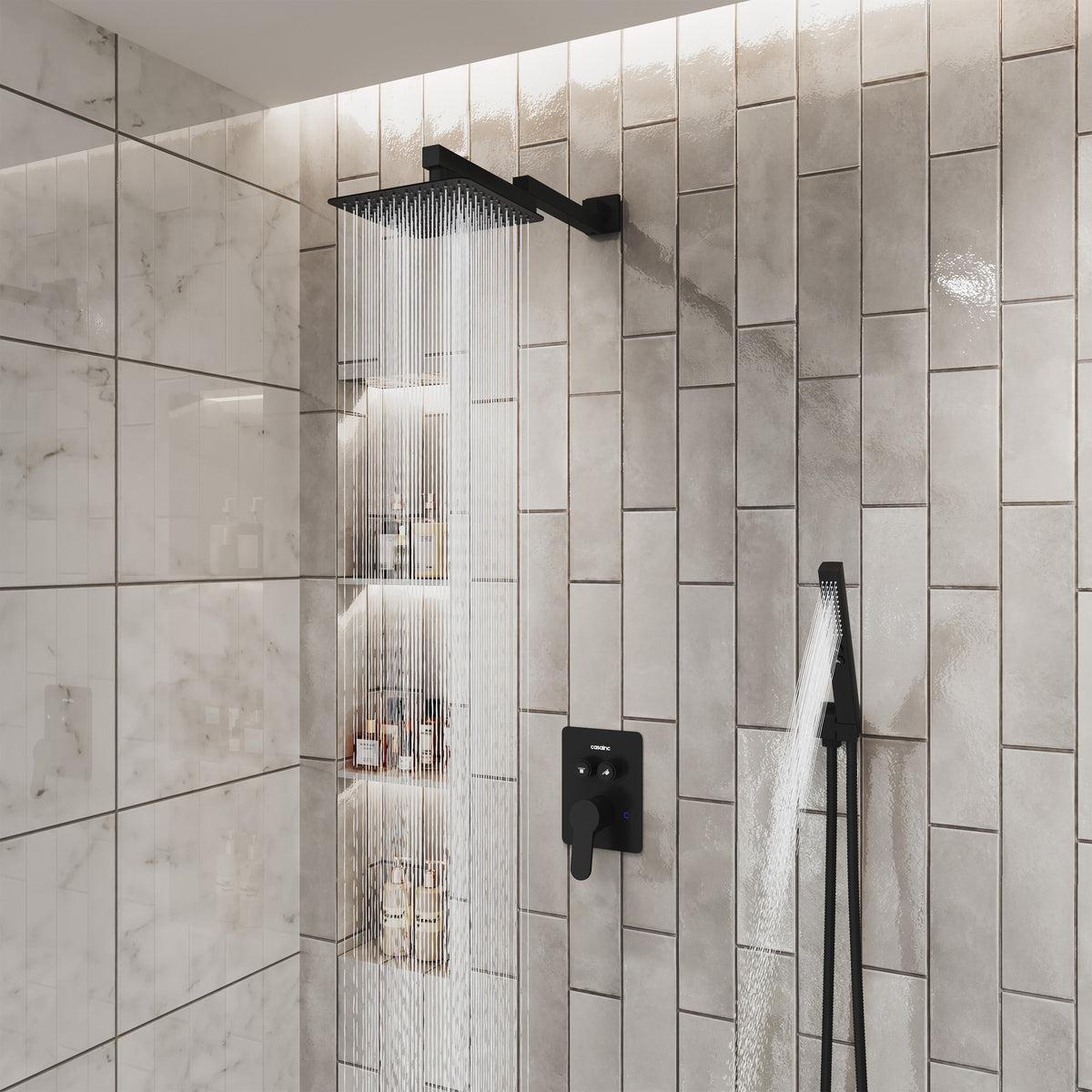 8" Wall-Mounted Concealed Shower System with Foldable Rainfall Shower Head & Handheld Sprayer