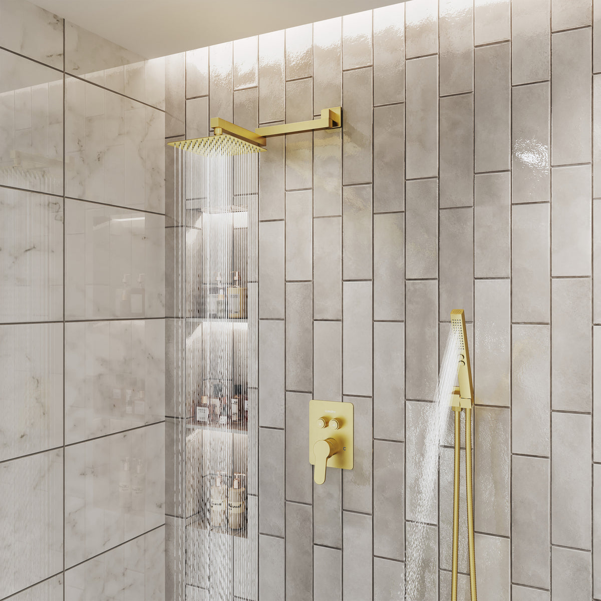 8" Wall-Mounted Concealed Shower System with Foldable Rainfall Shower Head & Handheld Sprayer