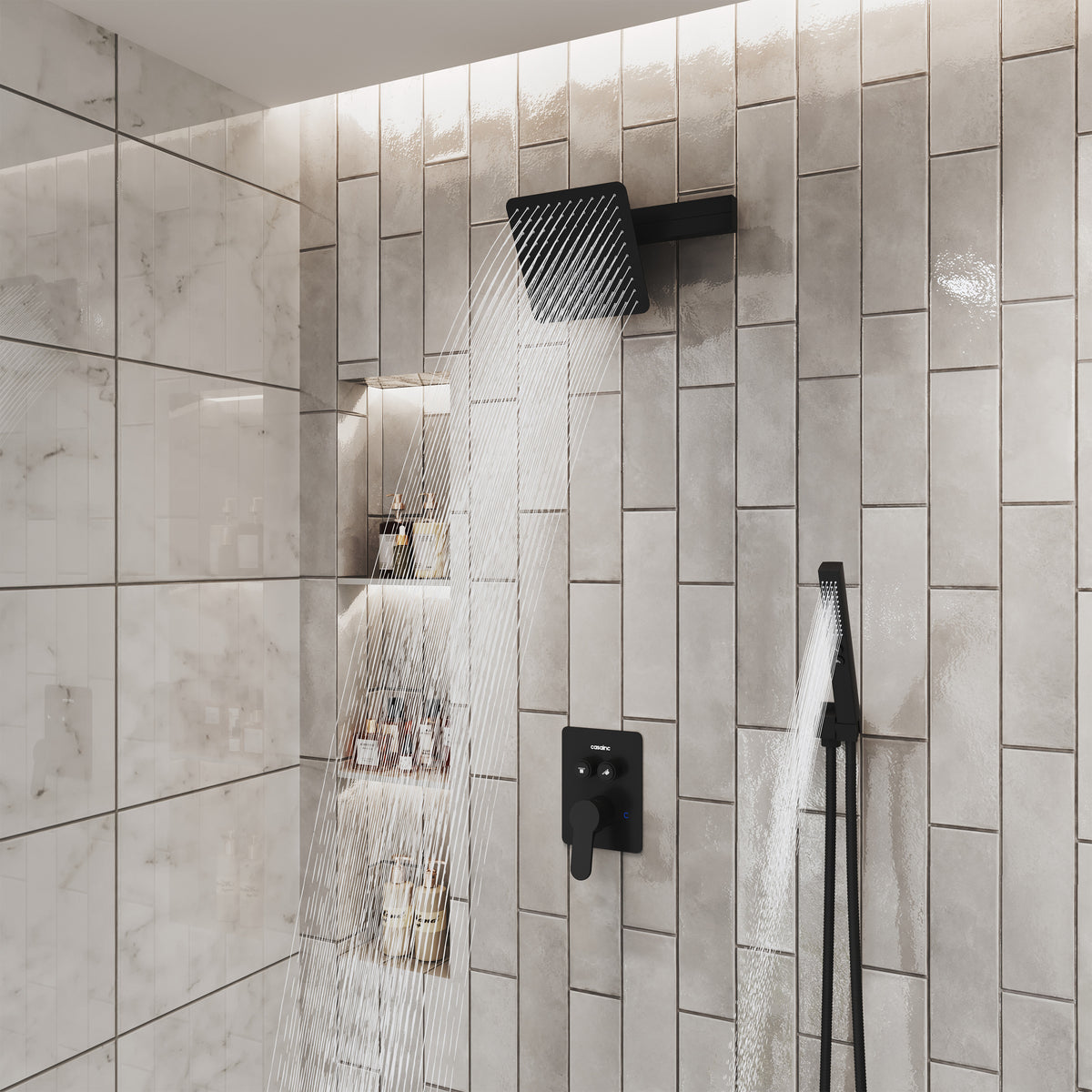 8" Wall-Mounted Concealed Shower System with Foldable Rainfall Shower Head & Handheld Sprayer