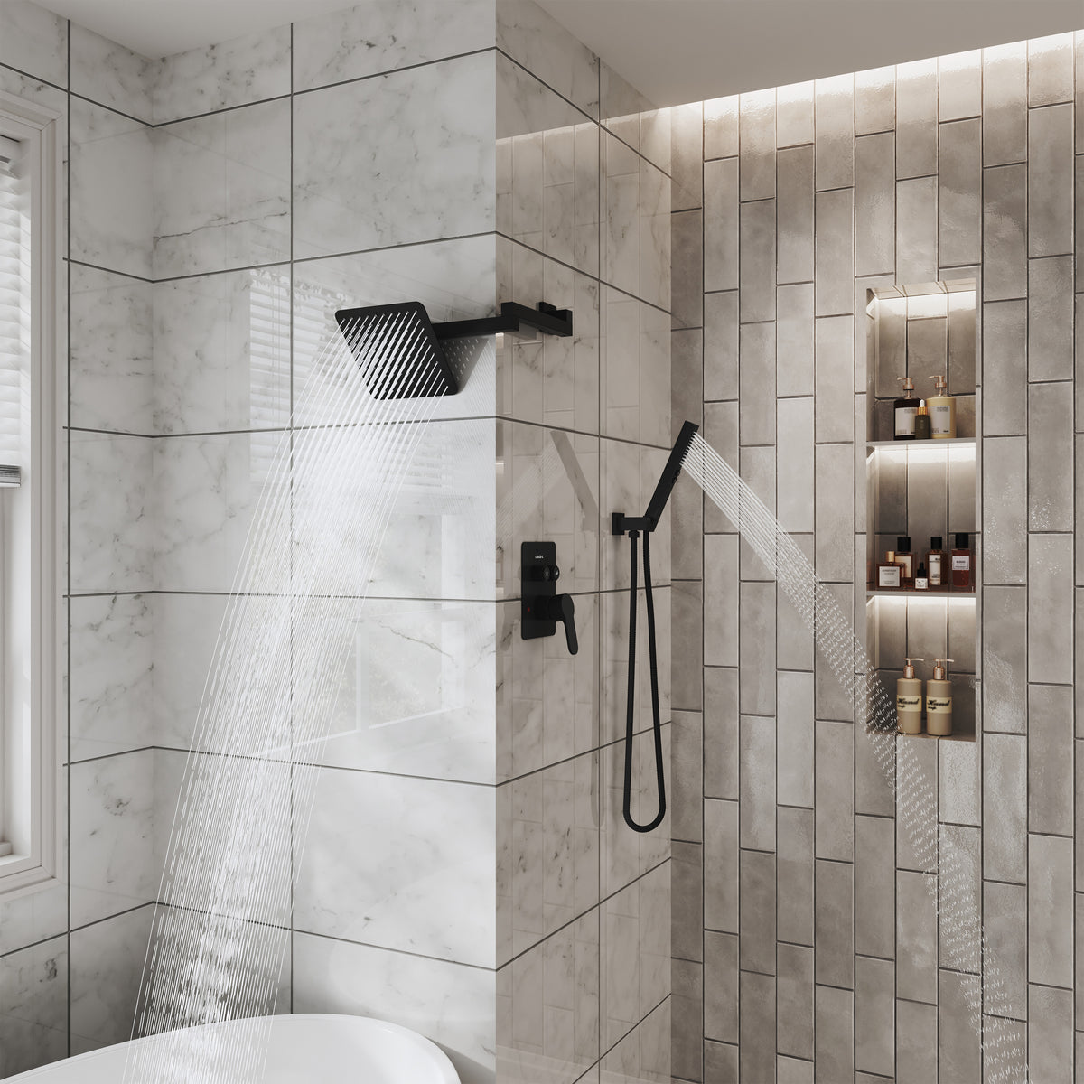 8" Wall-Mounted Concealed Shower System with Foldable Rainfall Shower Head & Handheld Sprayer