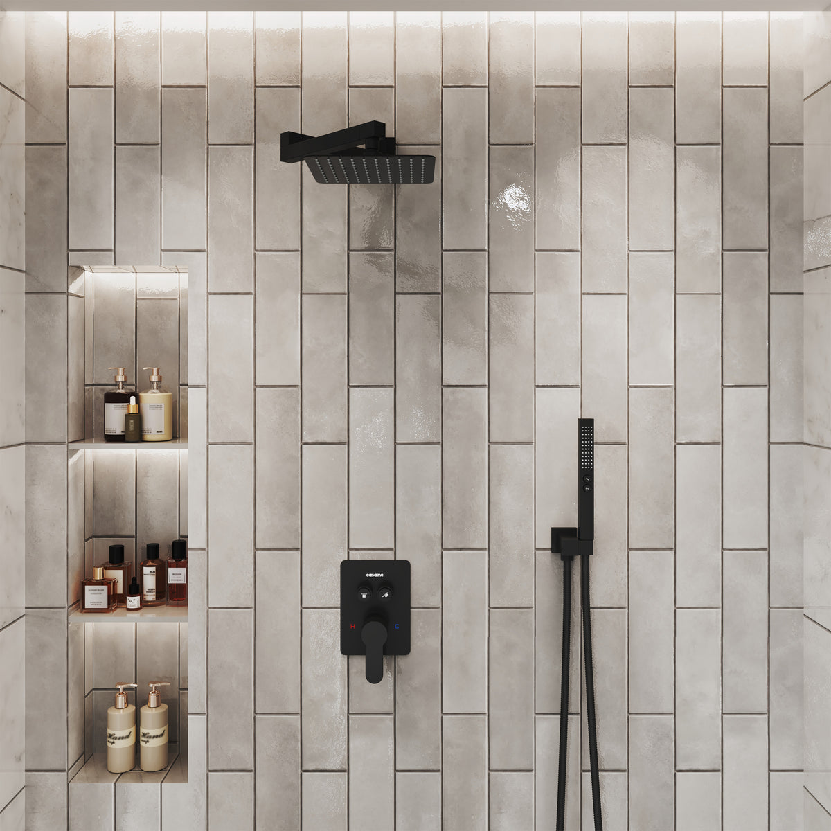 8" Wall-Mounted Concealed Shower System with Foldable Rainfall Shower Head & Handheld Sprayer