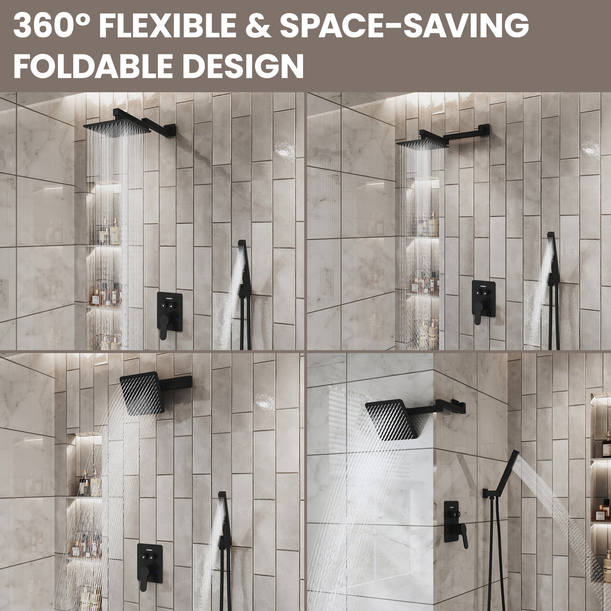8" Wall-Mounted Concealed Shower System with Foldable Rainfall Shower Head & Handheld Sprayer
