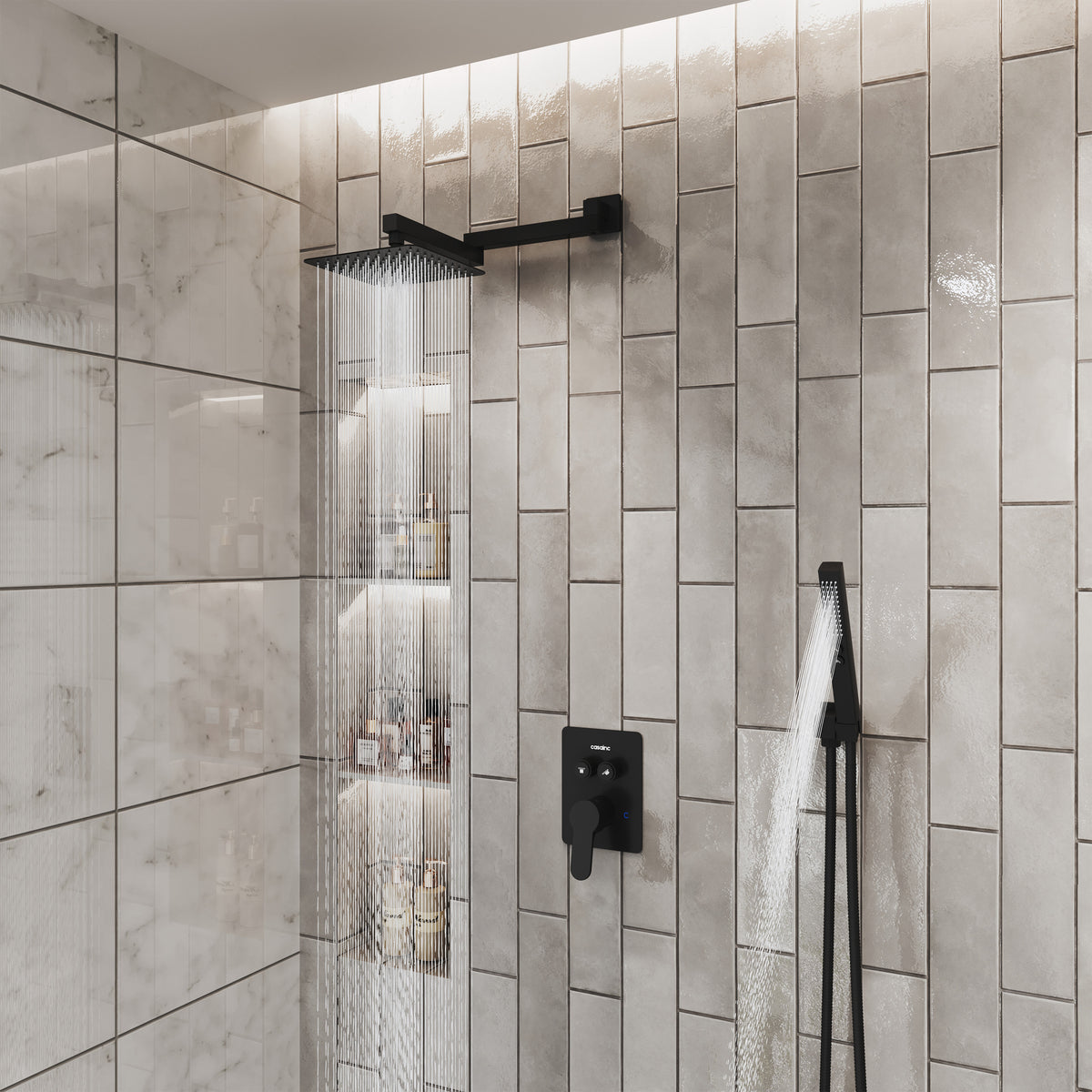 8" Wall-Mounted Concealed Shower System with Foldable Rainfall Shower Head & Handheld Sprayer