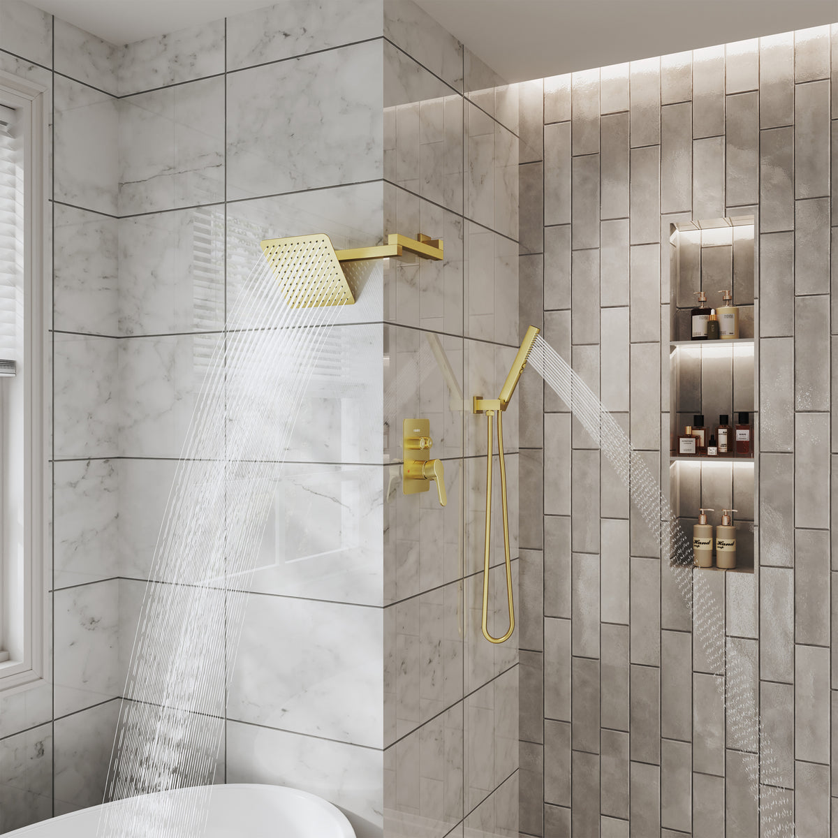 8" Wall-Mounted Concealed Shower System with Foldable Rainfall Shower Head & Handheld Sprayer